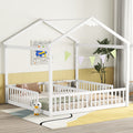 Double Twin House Style Floor Bed With Fence, Guardrails, Without Door, White Twin White American Design Pine