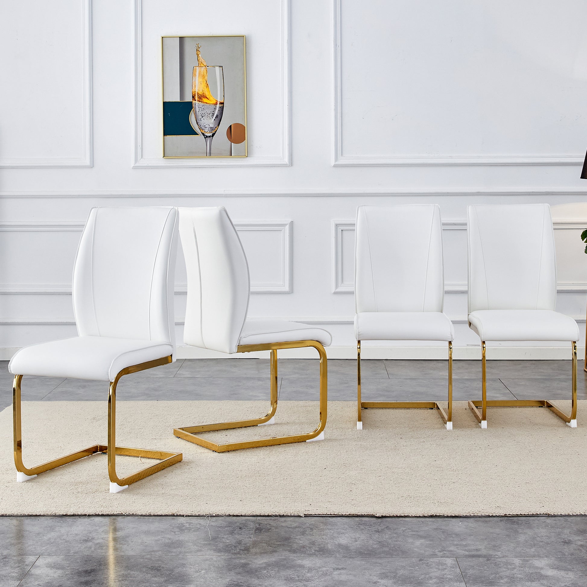 Luxury Simple Arch Chair Set Of 4 White Pu Material High Resilience Dining Chair With Arched Metal Gold Leg. White Gold Metal,Pu