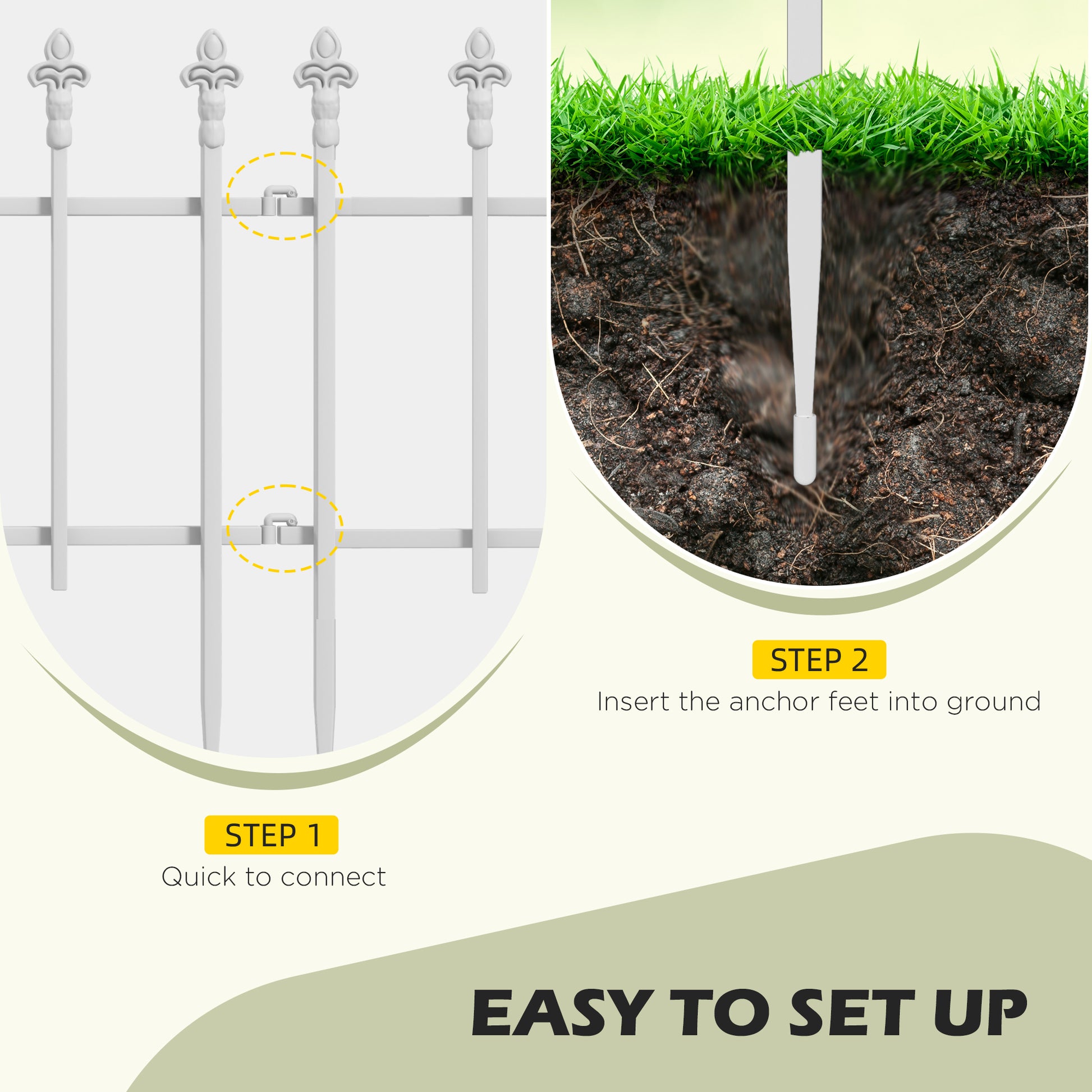 Outsunny Metal Decorative Garden Fence, 9.2' X 17.25" 5 Pack Steel Fence Panels, Decorative Border Fence For Landscape, Flower Bed, Yard Decor, Animal Barrier, White White Steel