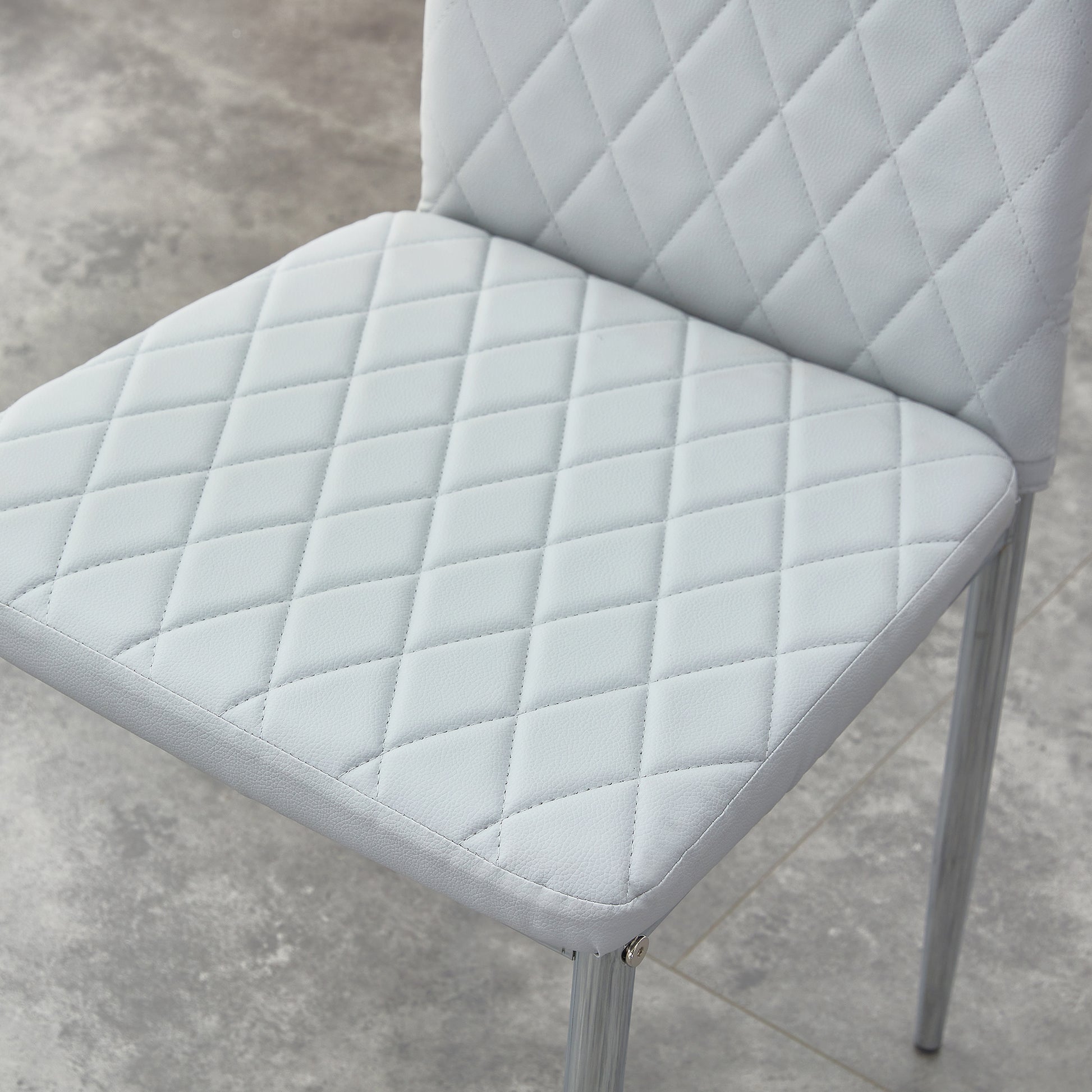Table And Chair Set.Large Modern Rectangular Table With Brown Glass Top And Silver Metal Legs. Paired With 4 Light Gray Chairs With Checkered Armless High Back Pu Cushion And Silver Metal Legs. Light Gray,Silver Seats 4 Glass Metal