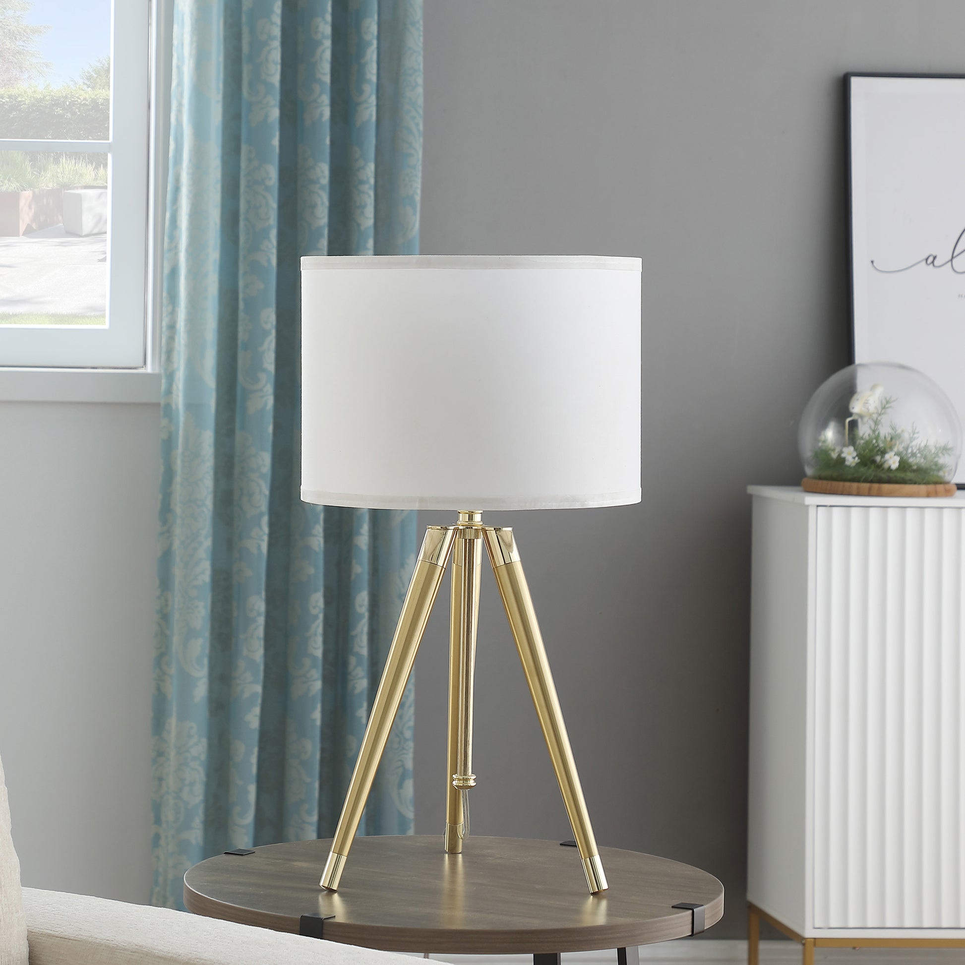 35.5" 25.75"H Adjustable Hieght Brass Shiny Gold Modern Tripod Table Lamp For Living Room, Nightstand Bedside Table Lamp For Bedroom, Led Lamp Gold White Fabric Metal