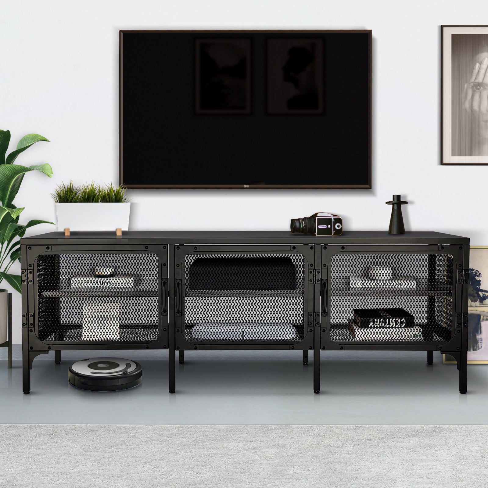 Metal Tv Stand Entertainment Center Cabinet Tv Console Table With 3 Metal Mesh Doors 2 Tier Storage Shelves For Living Room Frosted Black Black 50 59 Inches Steel