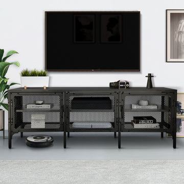 Metal Tv Stand Entertainment Center Cabinet Tv Console Table With 3 Metal Mesh Doors 2 Tier Storage Shelves For Living Room Frosted Black Black 50 59 Inches Steel