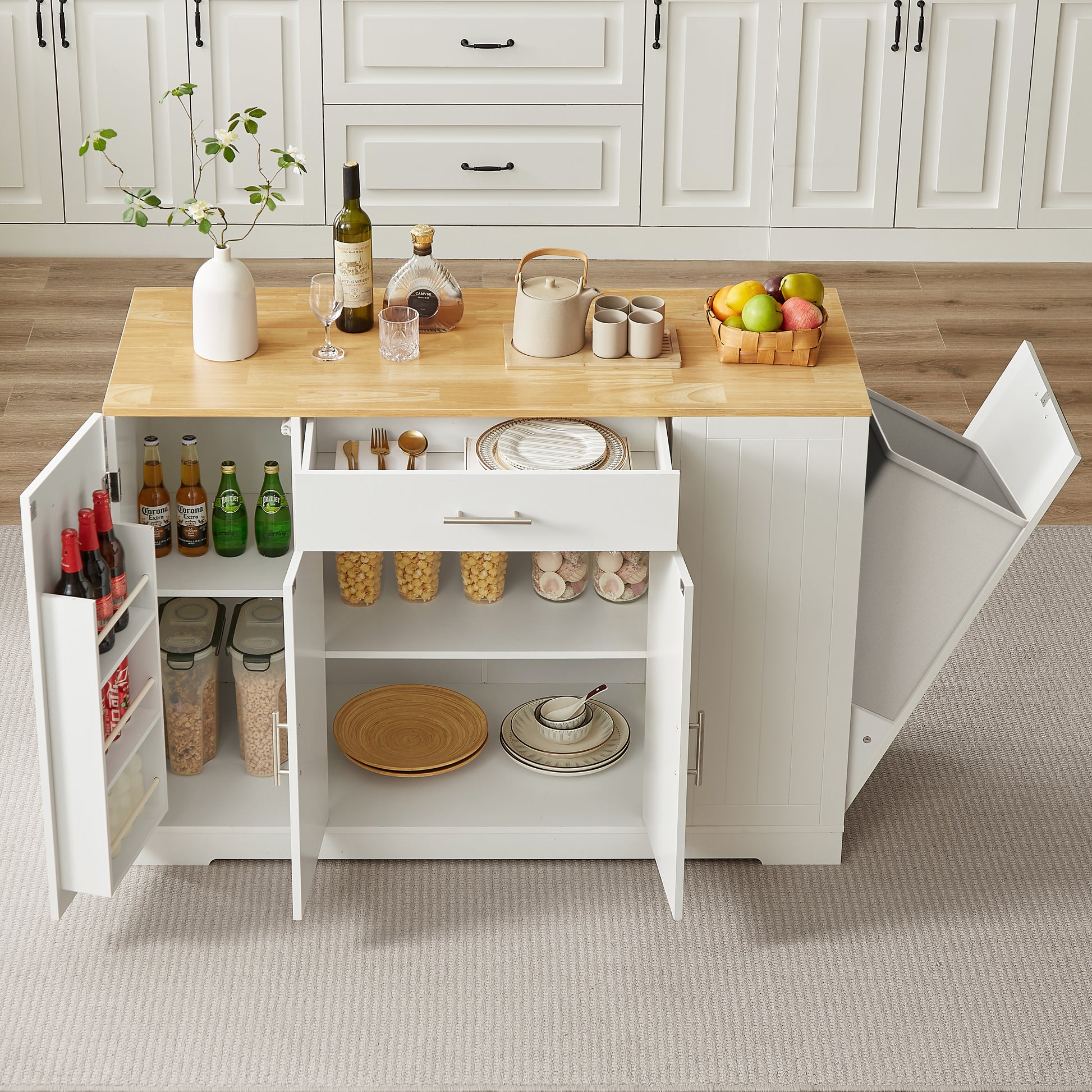 53 Inch Large Kitchen Island With Trash Can Storage Cabinet, Islands Table With Drawer And Adjustable Shelves, Breakfast Bar Cabinet For 13 Gallon Garbage Bin, White & Oak White Particle Board