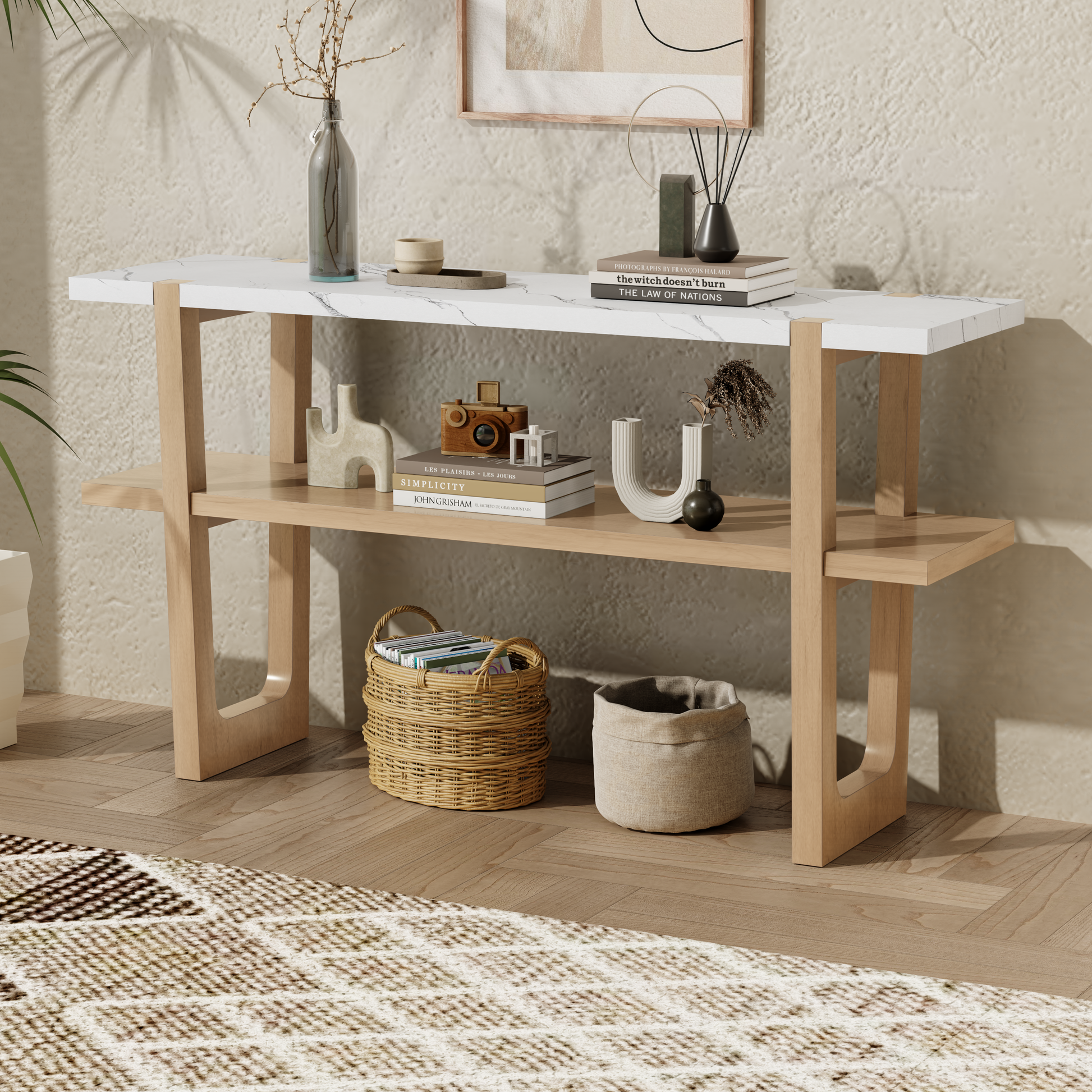 Retro Elegant Console Table With Marble Effect Top And Versatile Storage Solutions For Entryway And Living Room Natural Natural Solid Wood Mdf