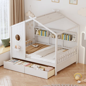 Wooden Full Size House Bed With 2 Drawers,Kids Bed With Storage Shelf, White Full White Solid Wood