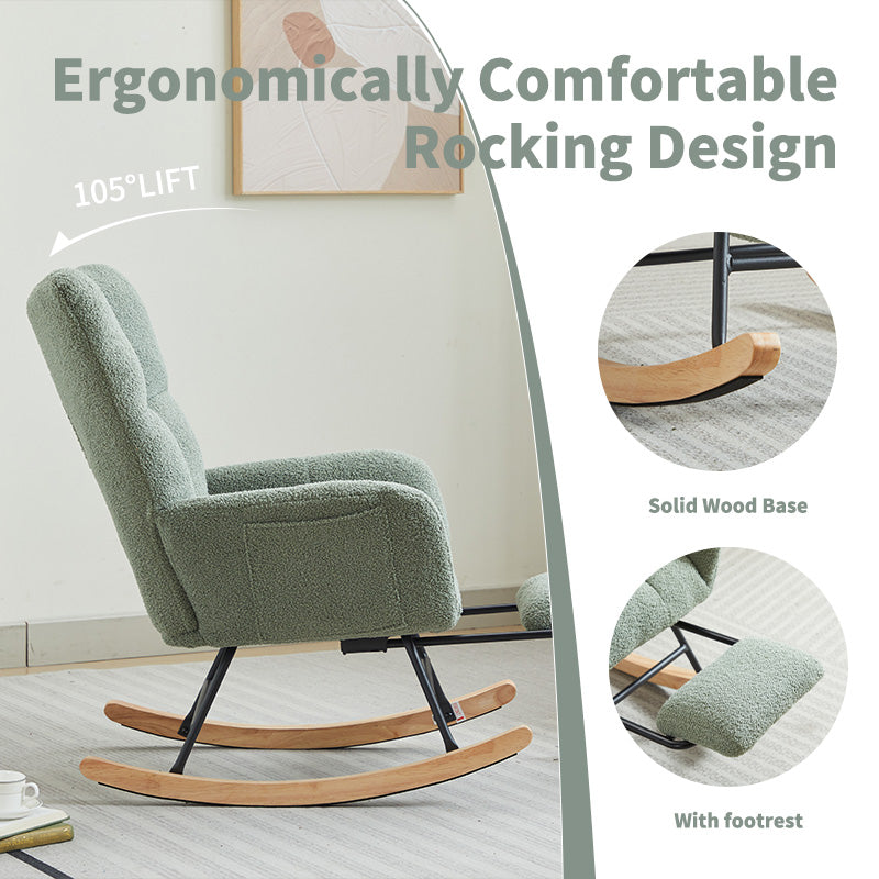 Modern Nursery Rocking Chair, Upholstered Glider Chair With High Backrest, Rocker Accent Armchair With Solid Wood Legs For Nursery Bedroom Living Room Green Green Teddy