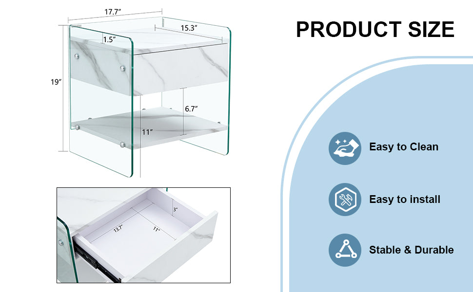 Bedside Table With Drawers. The Board Surface Is Mdf Sticker, And Both Sides Are Transparent Tempered Glass. The Design Is Simple And Elegant, With Excellent Storage Functions. White 1 Drawer Mdf Glass