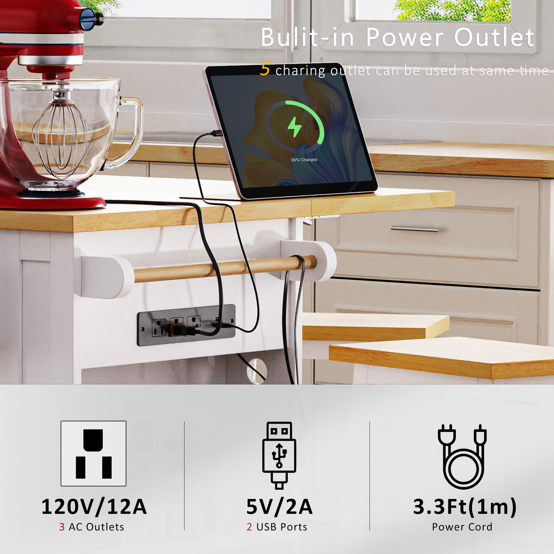 K&K 53Inch Large Kitchen Island With Drop Leaf, Power Outlet, Door Internal Storage Rack, Rolling Kitchen Cart On 5 Wheels With 5 Open Side Racks For Kitchen, Dining Room,White Not Include Bar