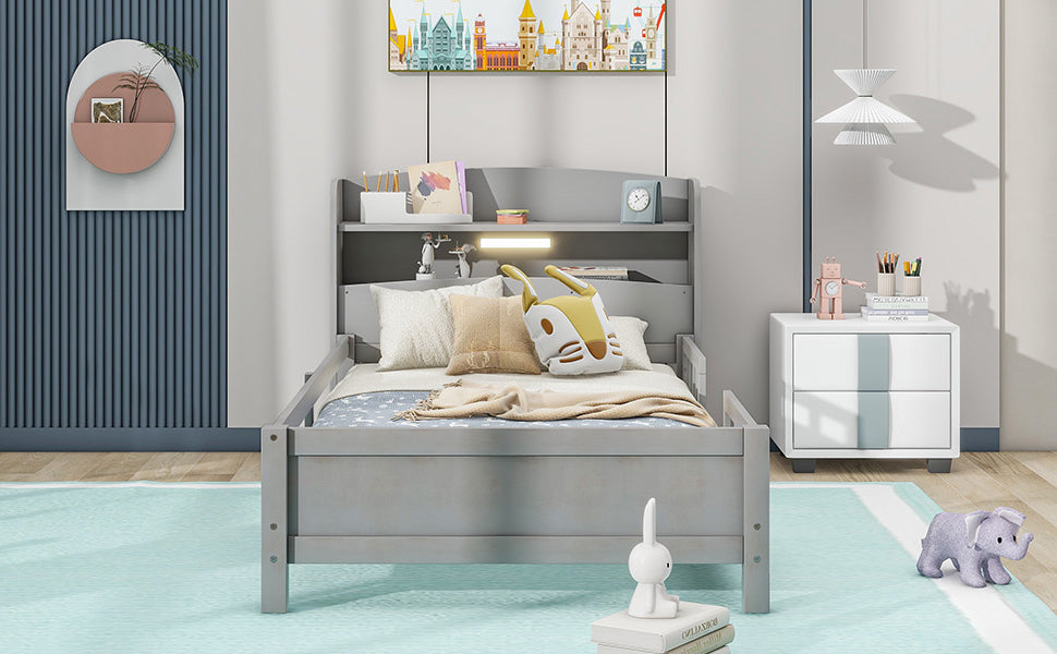 Wood Twin Size Platform Bed With Built In Led Light, Storage Headboard And Guardrail, Antique Grey Box Spring Not Required Twin Antique Gray Wood Bedroom Bed Frame Solid Wood Mdf