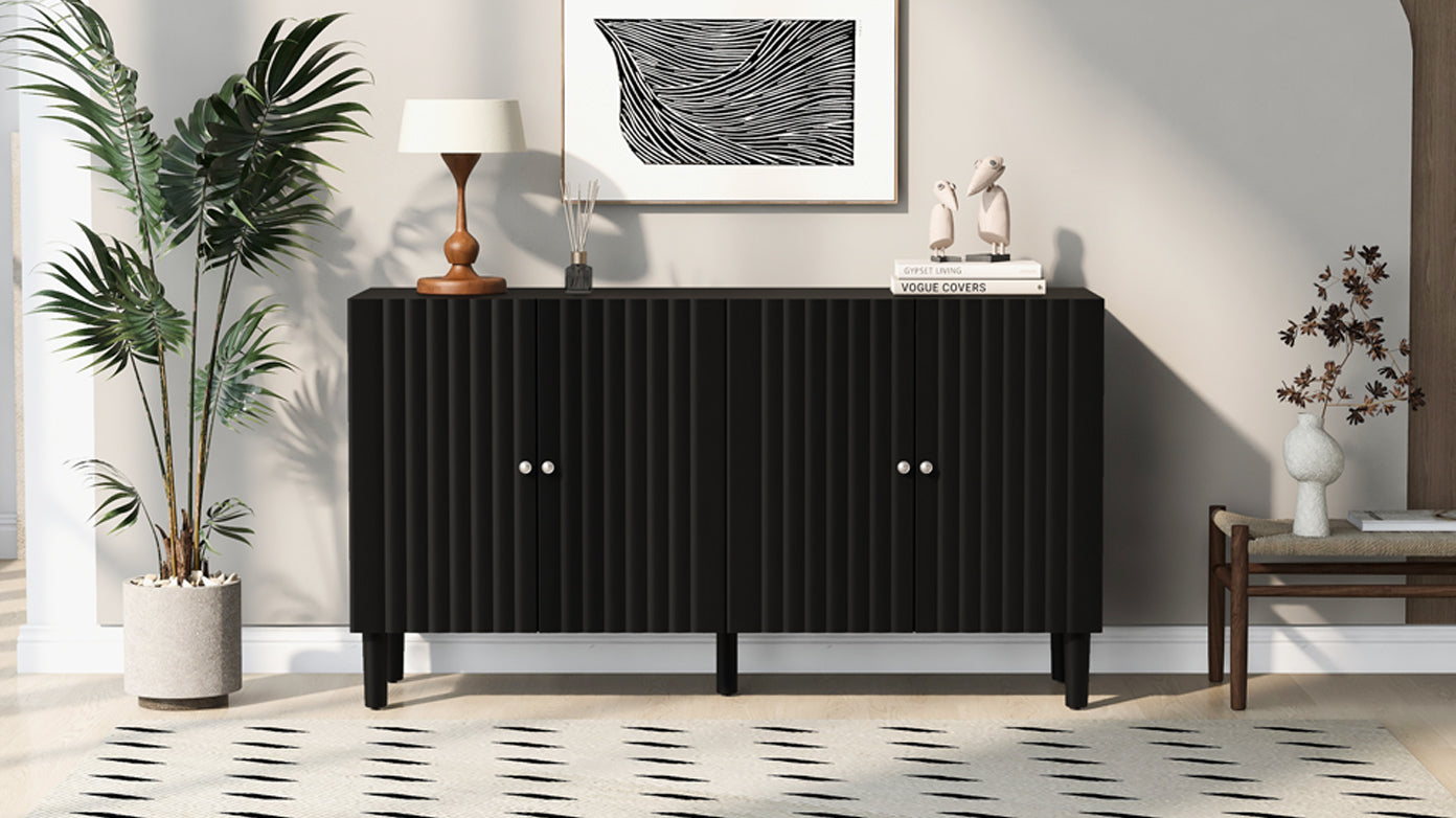 Elegant Four Door Sideboard With Wavy Pattern Doors, Cylindrical Legs, And Sleek Metal Handles, Adjustable, Suitable For Study, Entryway And Living Room Black Primary Living Space American Design