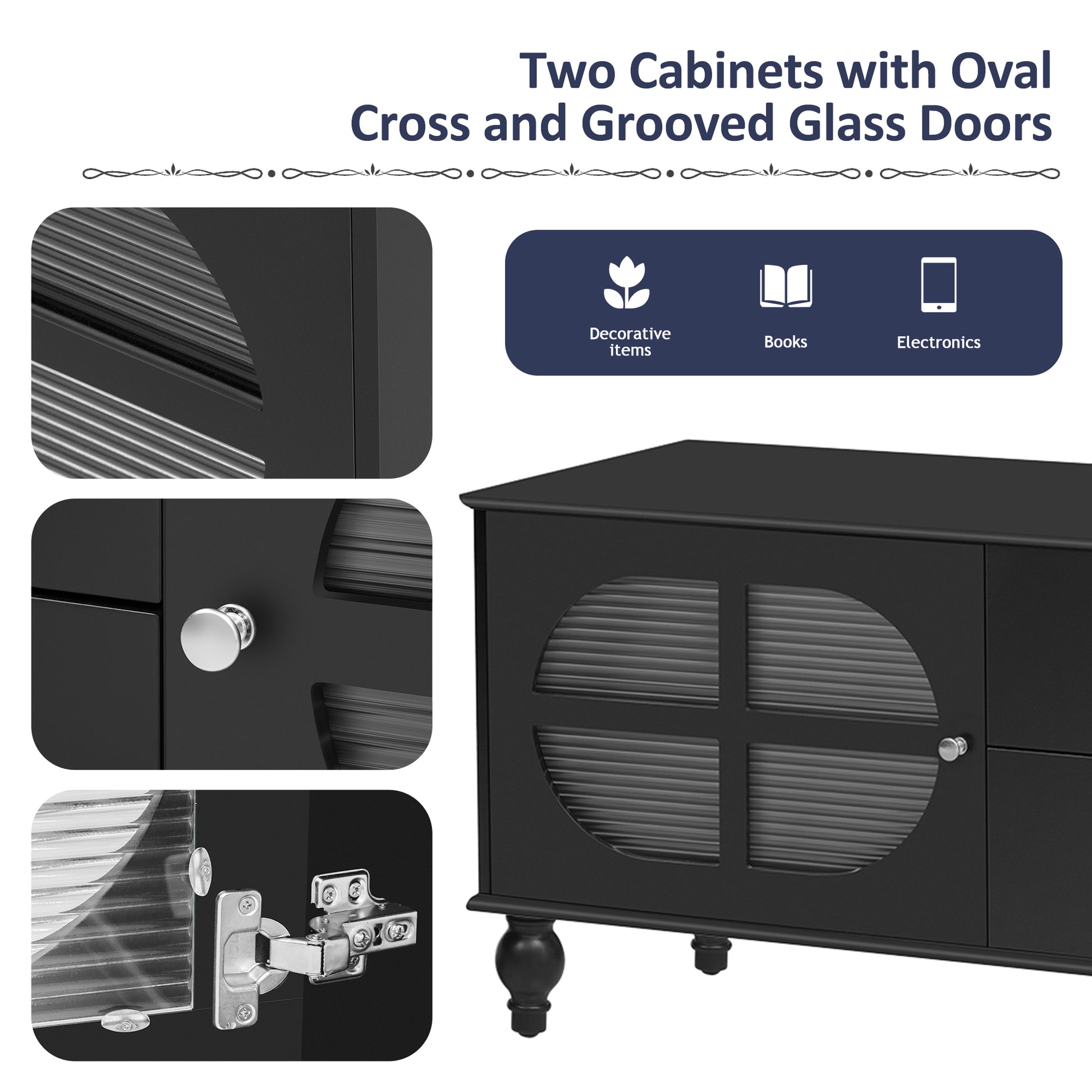 68.9'' Modern Tv Stand For Tvs Up To 75 Inches, Entertainment Center Media Console With Fluted Glass Doors, Five Solid Wood Legs For Living Room Black 70 79 Inches Mdf