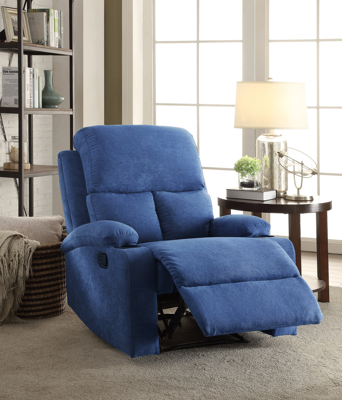 Blue Recliner With Cup Holder Blue Linen Manual Handle Metal Primary Living Space Tight Back Handle Pillow Top Arms Fabric Metal