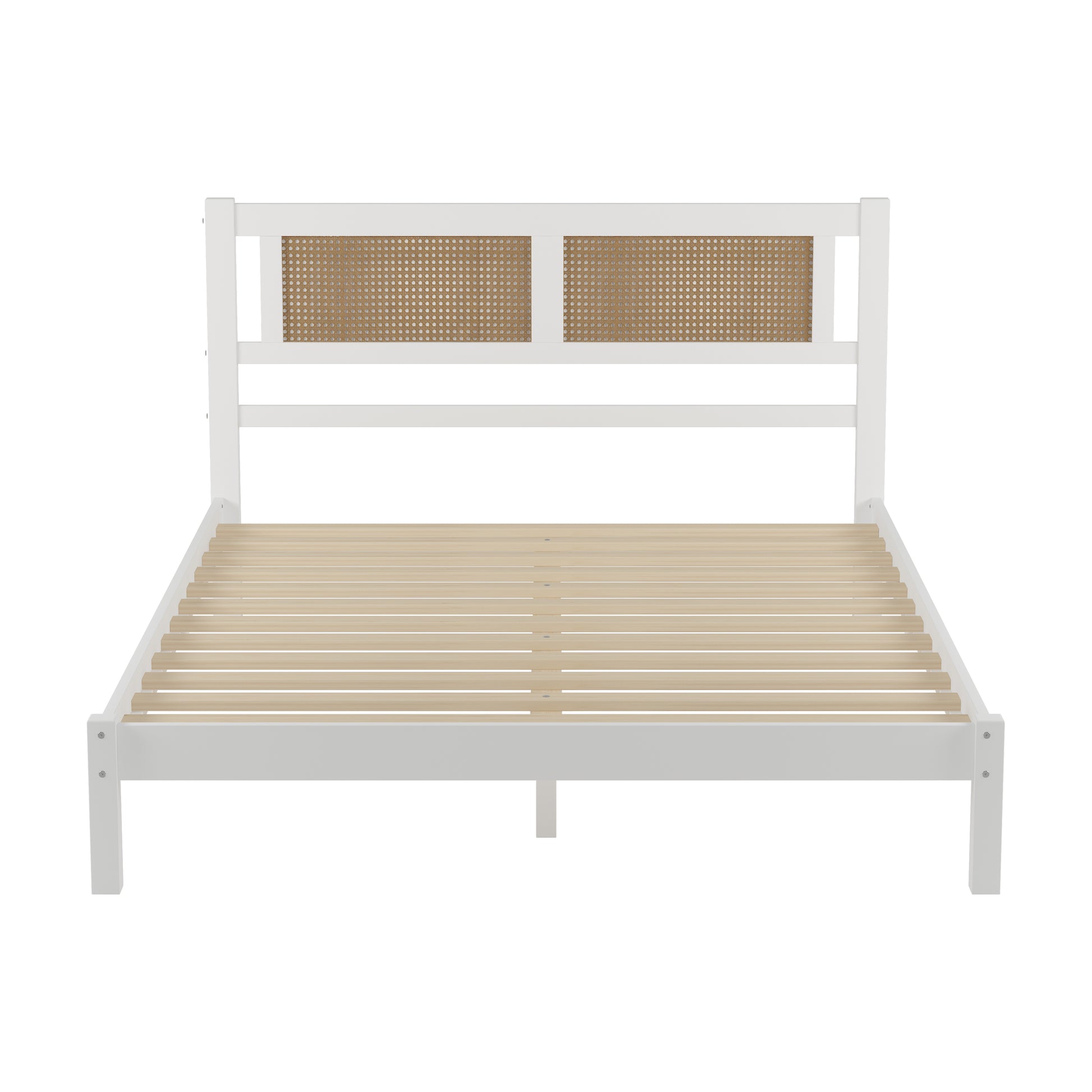 Queen Size Wood Platform Bed With Natural Rattan Headboard,Exquisite Elegance With Minimalist Charm For Bedroom,White White Particle Board