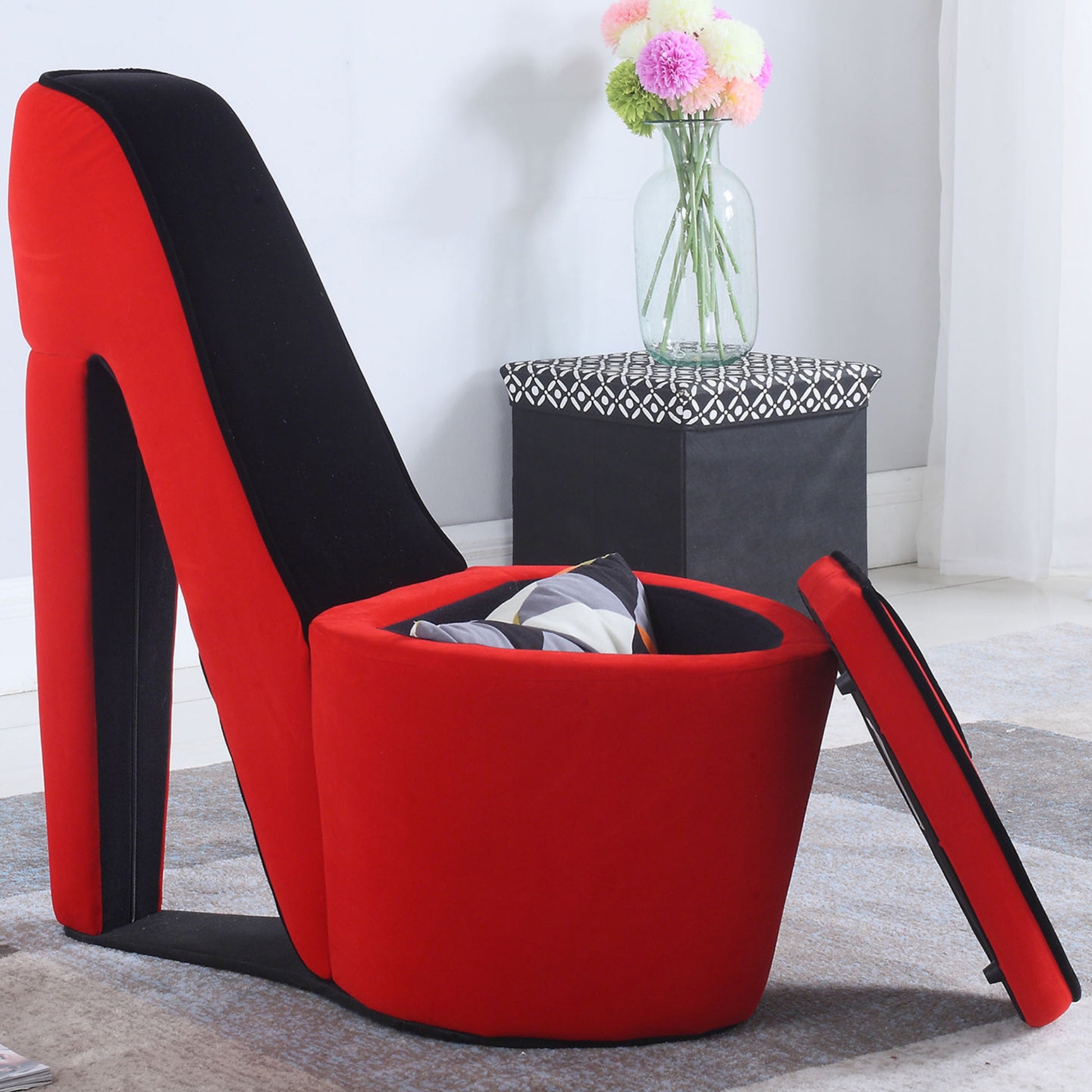 32.86" In Red W Black Sole High Heel Storage Chair Black Red Wood Fabric