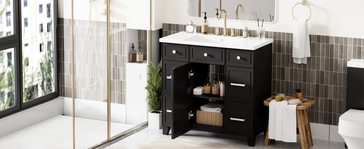 36" Bathroom Vanity Cabinet With Sink Top Combo Setblack ,Single Sink,Shaker Cabinet With Soft Closing Door And 3 Drawers Black Bathroom Solid Wood Mdf Resin