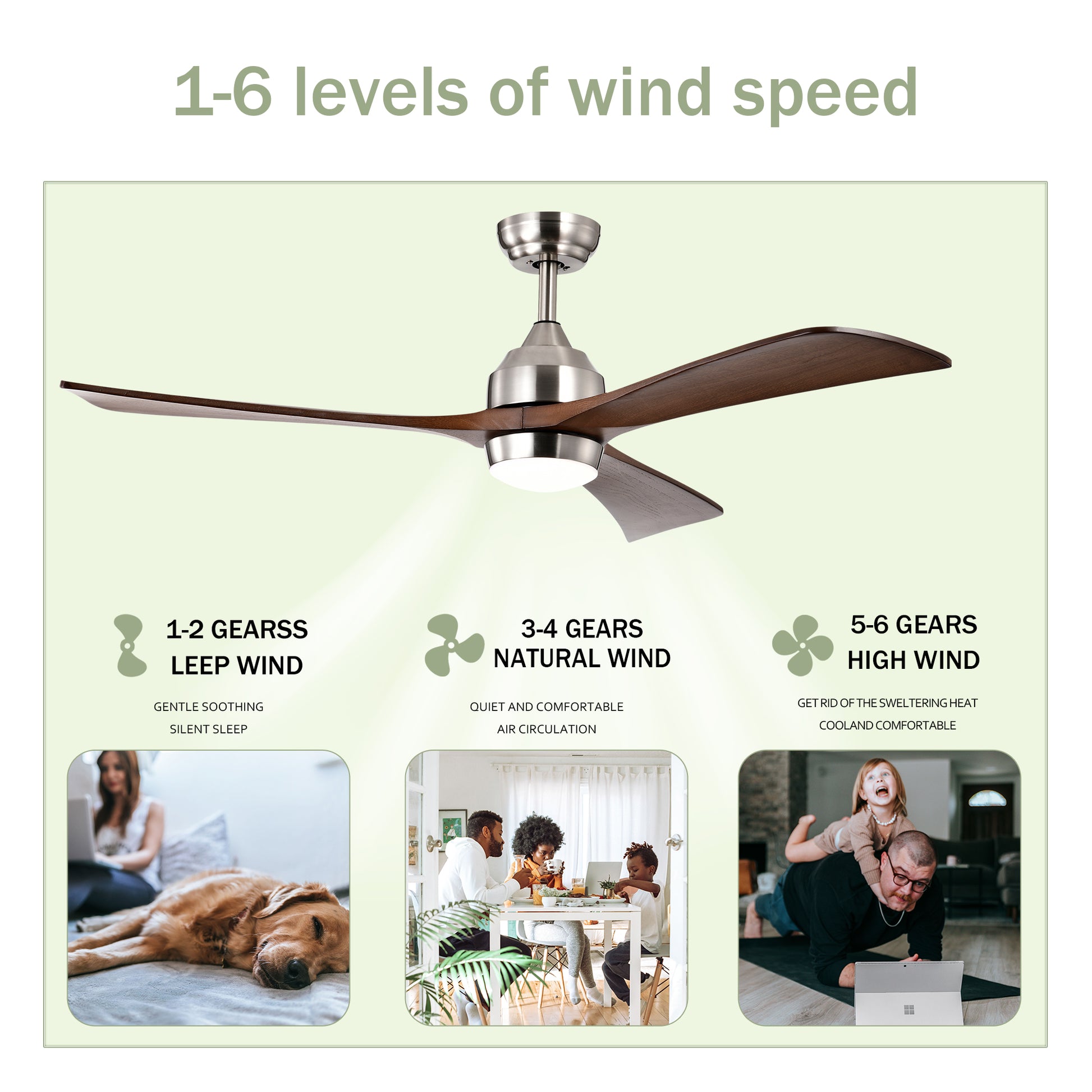 52" Ceiling Fan With Lights Remote Control,Quiet Dc Motor 3 Wood Blade Ceiling Fans 6 Speed Levels,Reversible Ceiling Fan, For Patio Living Room, Bedroom, Office,Indoor. Stain Nickel Walnut Nickel Contemporary,Farmhouse,Industrial Wood Iron