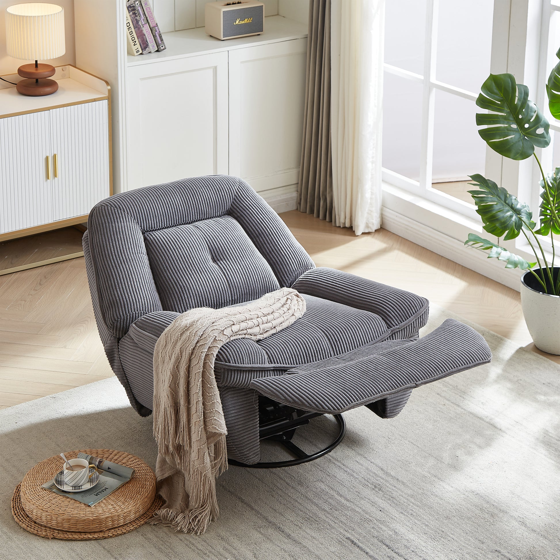 Video 360 Degree Corduroy Swivel Upholstered Manual Recliner Chair,Theater Recliner Sofa,Nursery Glider Rocker For Living Room Grey Corduroy