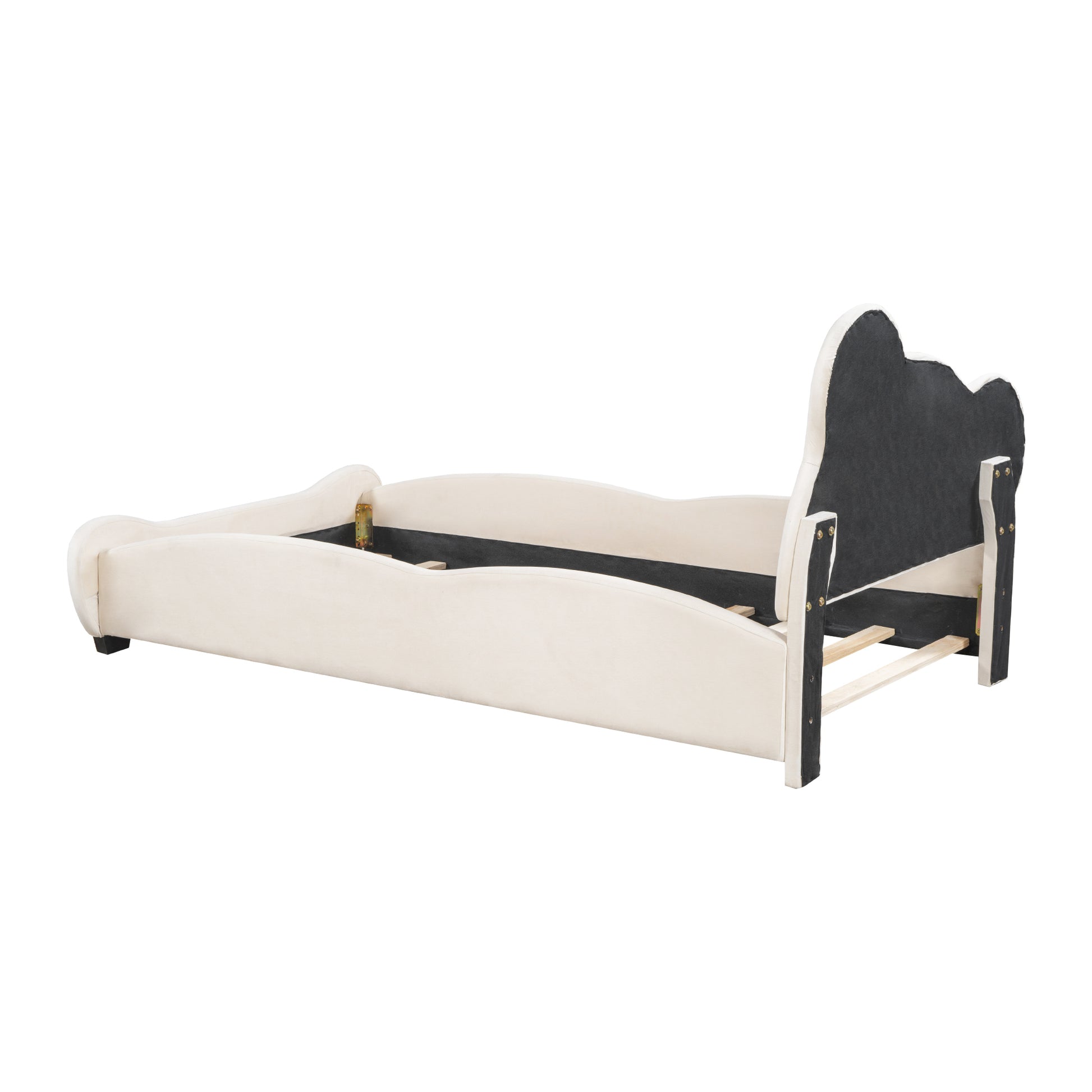 Twin Size Velvet Platform Bed With Bear Shaped Headboard, With Bed End Storage Pocket, Beige Twin Beige Plywood