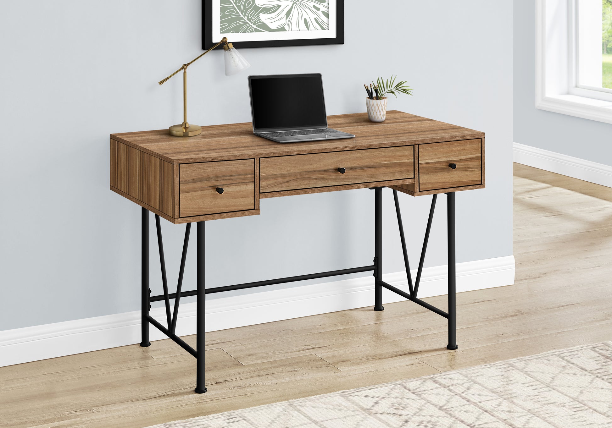 Computer Desk, Home Office, Laptop, Storage Drawers, 48"L, Work, Brown Laminate, Black Metal, Transitional Brown Particle Board