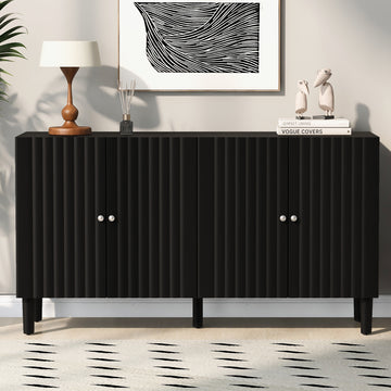 Elegant Four Door Sideboard With Wavy Pattern Doors, Cylindrical Legs, And Sleek Metal Handles, Adjustable, Suitable For Study, Entryway And Living Room Black Primary Living Space American Design