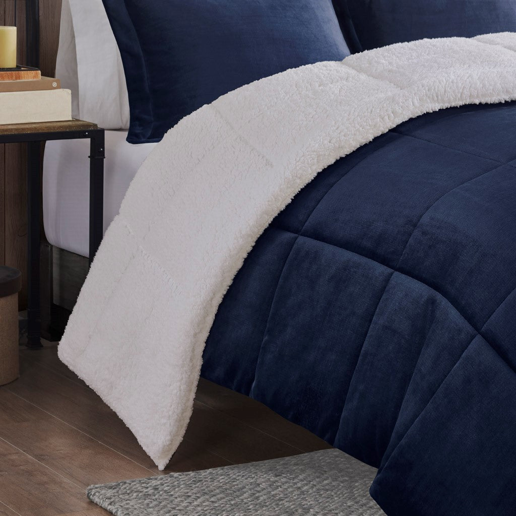 Plush To Sherpa Down Alternative Comforter Set King Navy Ivory Polyester