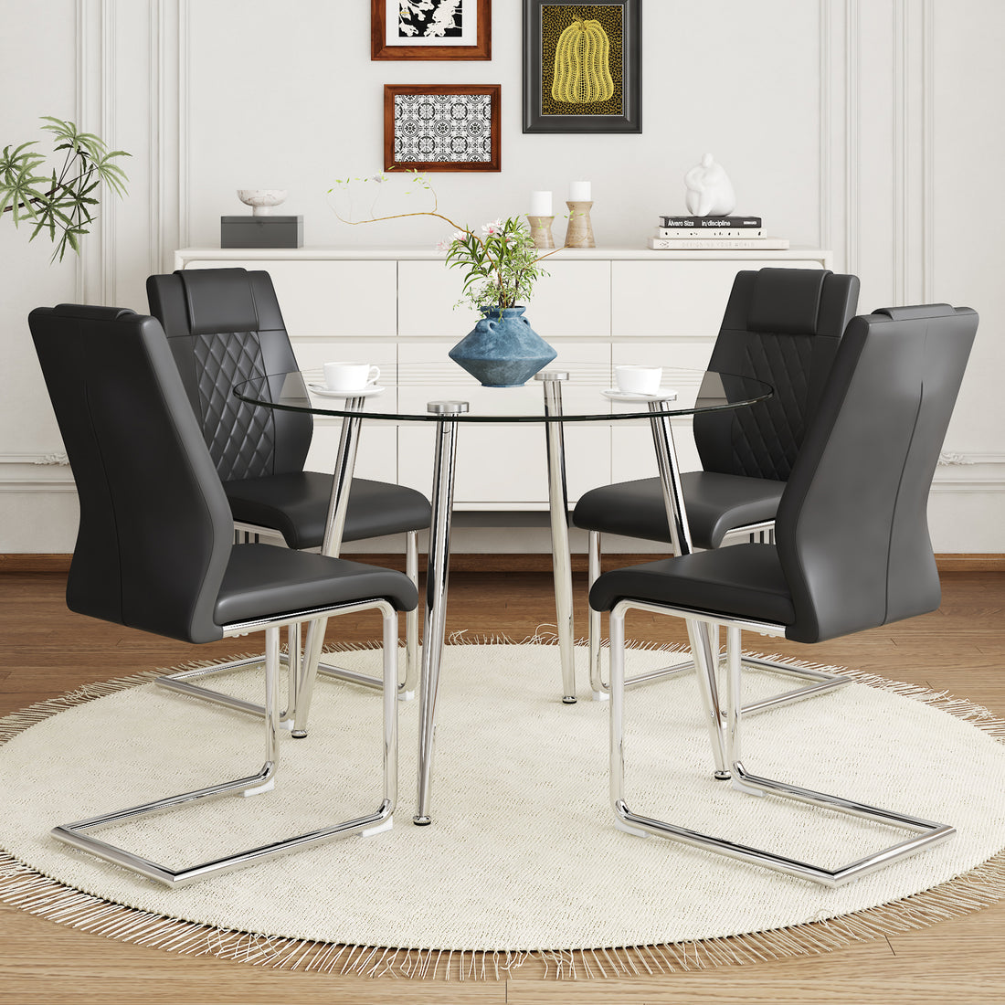 Table And Chair Set.A Modern Minimalist Round Dining Table With Transparent Tempered Glass Top And Silver Metal Legs,And 4 Chairs With Pu Backrest And Seat Cushion And Silver C Tube Metal Legs. Black,Transparent Seats 4 Glass Metal