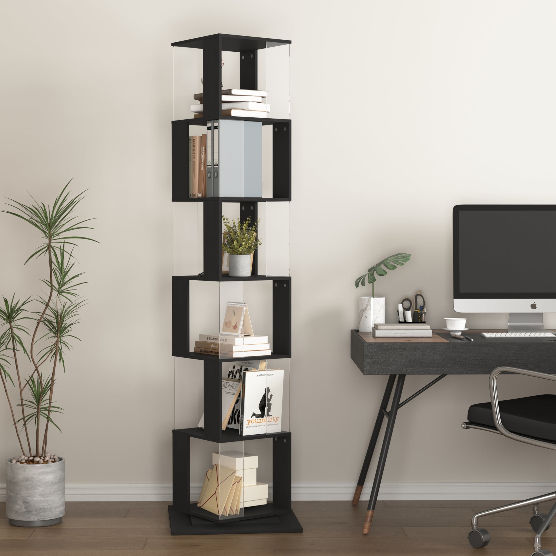 6 Tier Rotating Bookshelf, Floor Rack Simple Bookcase With Acrylic Plate Student Multi Function Creative Bookshelf For Living Room With Anti Toppling Base Black Particle Board