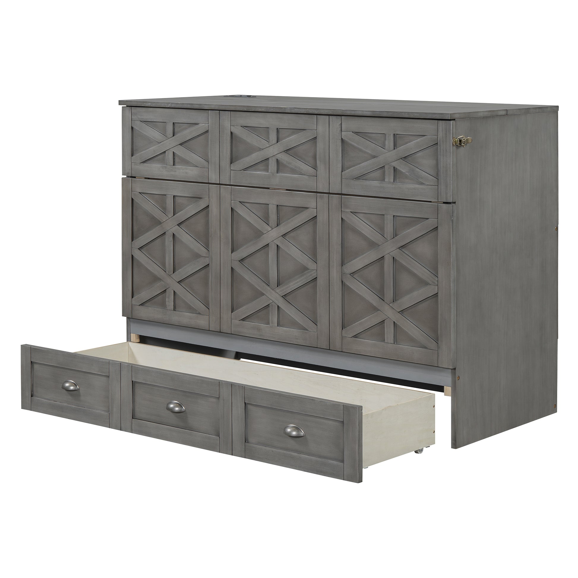 Full Size Murphy Bed With Large Drawers,Brushed Gray Full Gray Plywood