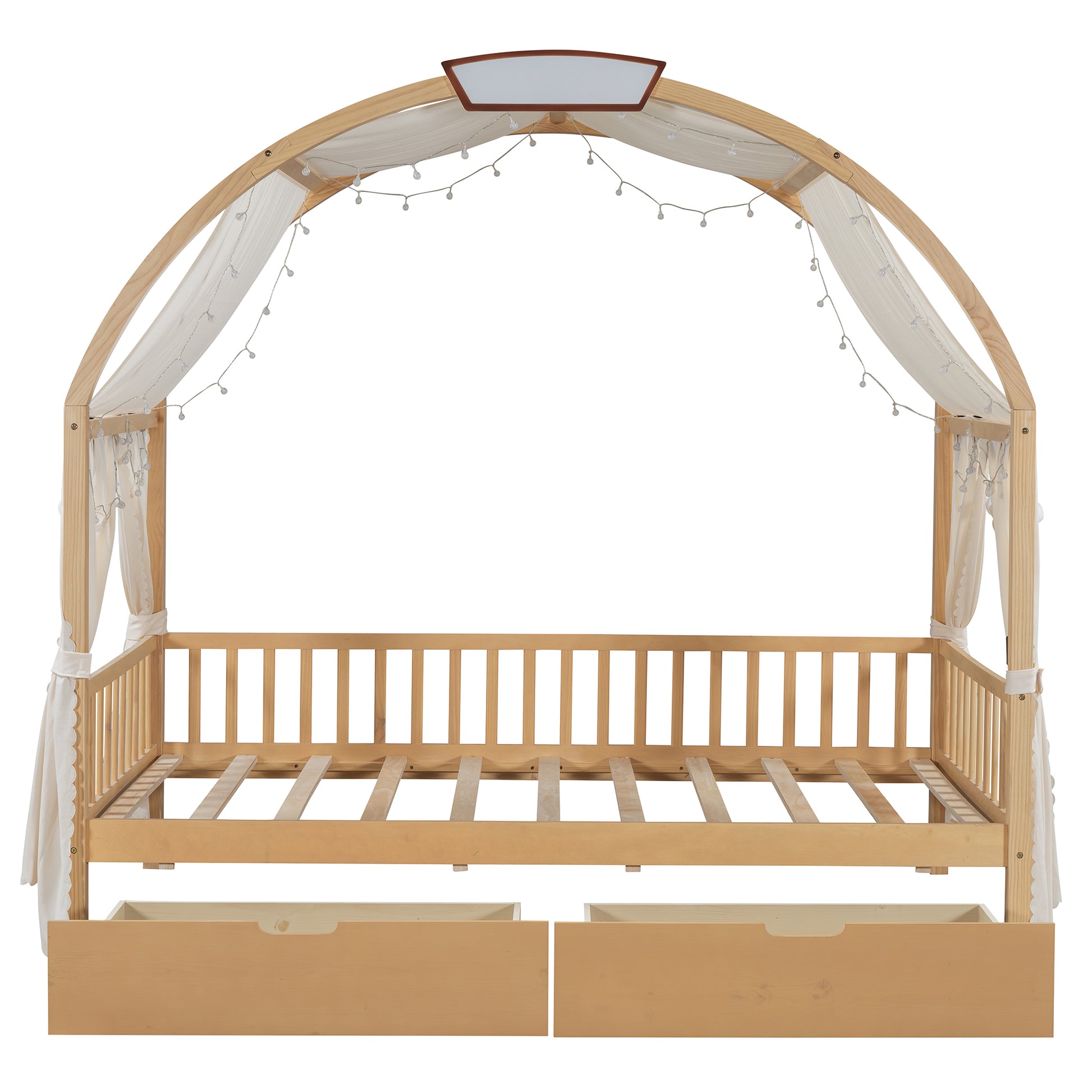 Twin Size Bed With Arched Roof And 2 Drawers, Natural Twin Natural Plywood