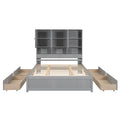 Queen Size Platform Bed With Storage Headboard And 4 Drawers, Gray Box Spring Not Required Queen Gray Wood Bedroom Bed Frame Solid Wood Mdf