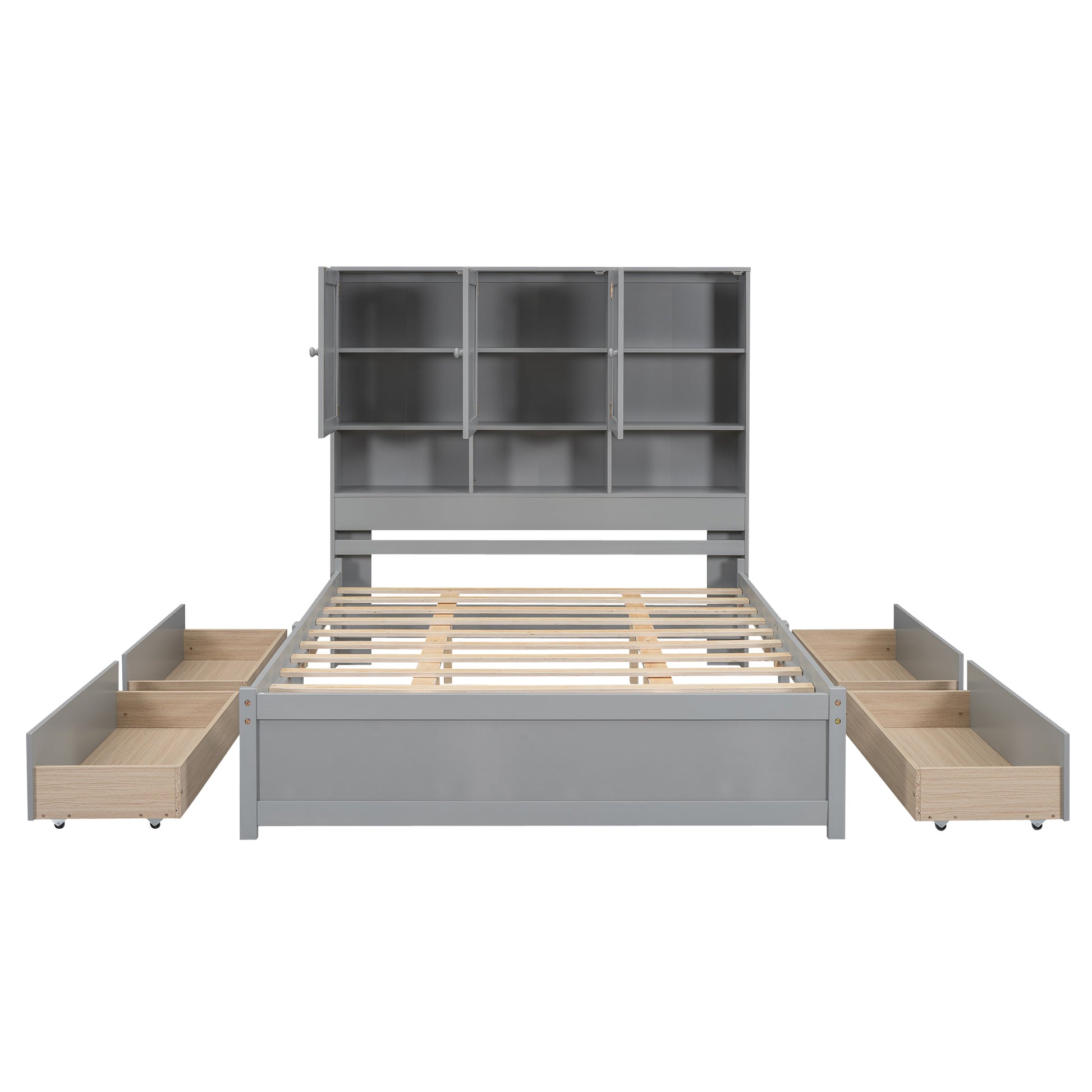 Queen Size Platform Bed With Storage Headboard And 4 Drawers, Gray Box Spring Not Required Queen Gray Wood Bedroom Bed Frame Solid Wood Mdf