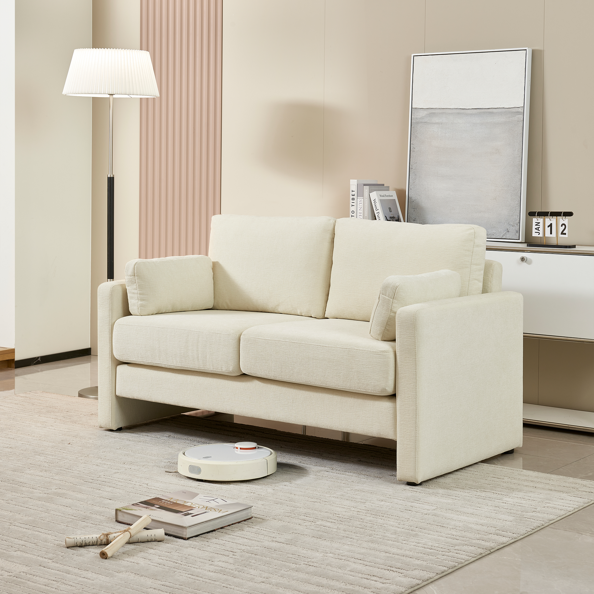 58.66" Small Modern Loveseat Sofa, Mid Century Chenille Fabric 2 Seat Couch Beautiful Seat With Back Cushions, Accent Sofa Couch For Living Beige Wood Foam Chenille 2 Seat