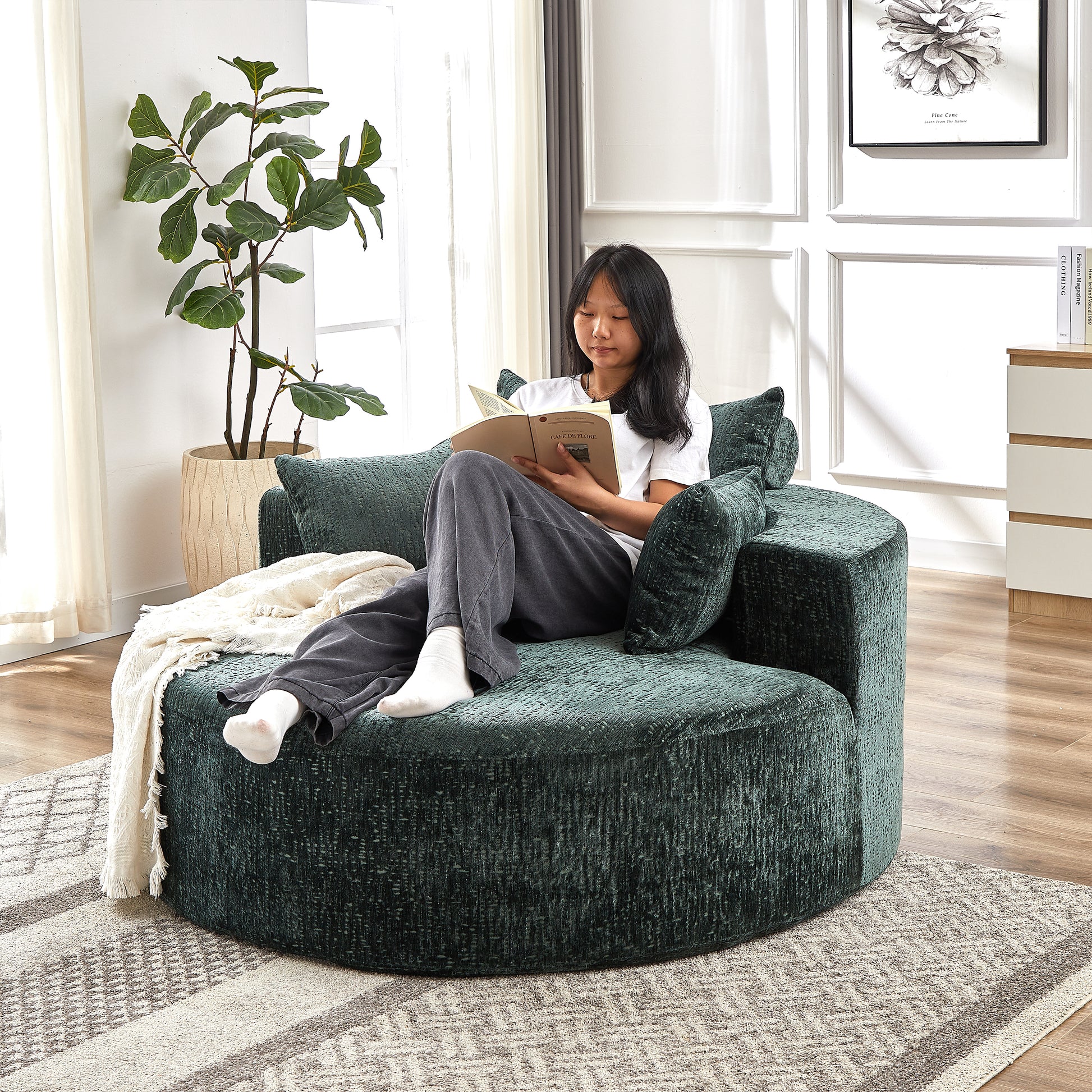 55''L Chenille Sponge Single Sofa,No Assembly Required,Fluffy Modern Sleeper Chair For Living Room, Bedroom, Lounge And Projection Room Not A Swivel Chair. Green Foam Chenille 1 Seat