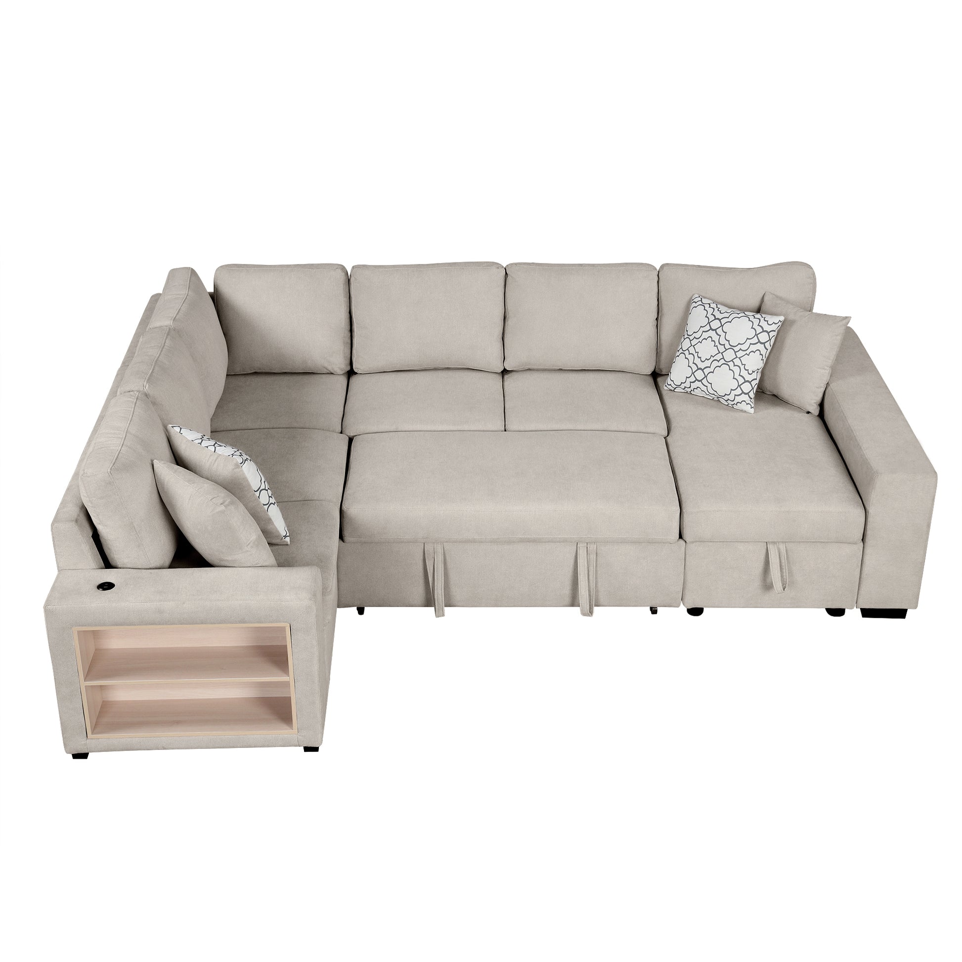 109" U Shaped Sectional Sofa Pull Out Sofa Bed With Two Usb Ports, A Storage Chaise Lounge And Four Back Pillows For Living Room, Beige Beige Foam Chenille 5 Seat