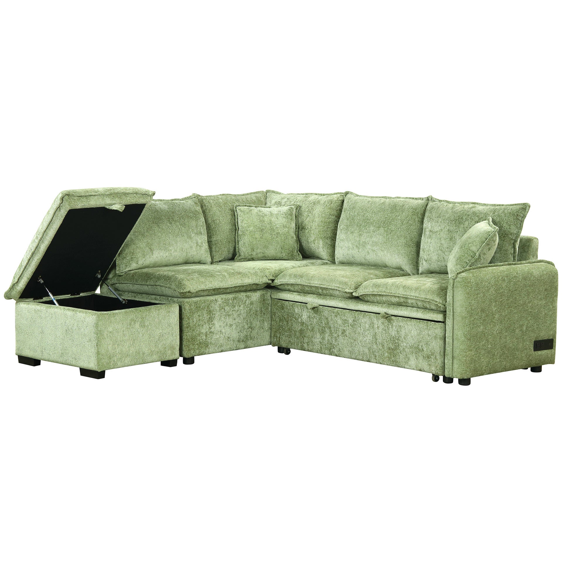 82.67"Convertible Sofa Bed Sectional Sofa Sleeper L Shaped Sofa With A Storage Ottoman,Two Pillows, Two Power Sockets And Two Usb Ports For Living Room, Green Green Foam Chenille 4 Seat