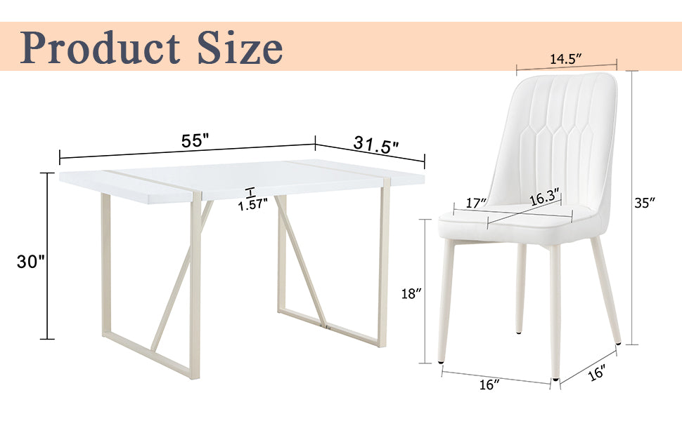 55"X31.5" Cream Style White Mdf Dining Table Set With 6 Armless Cream Style Chairs.Mdf Tabletop And Metal Frame Legs.Adding A Warm And Gentle Atmosphere To Your Family. White Seats 6 Mdf Metal