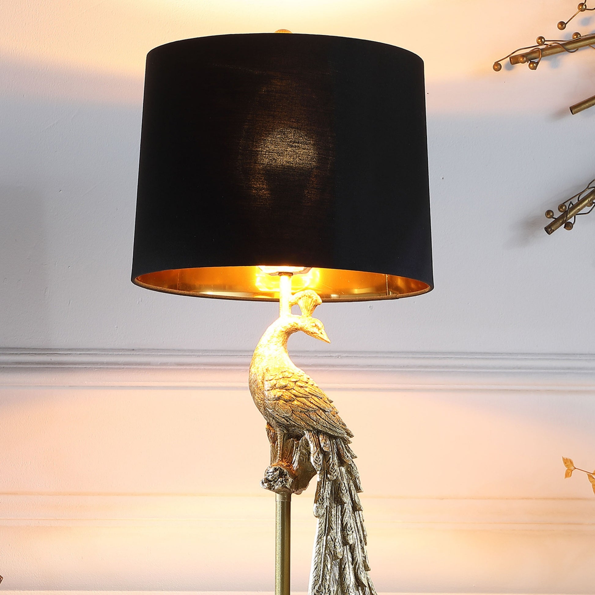 29" In Modern Elegance Golden Peacock On A Pedestal Polyresin Table Lamp Golden Polyresin