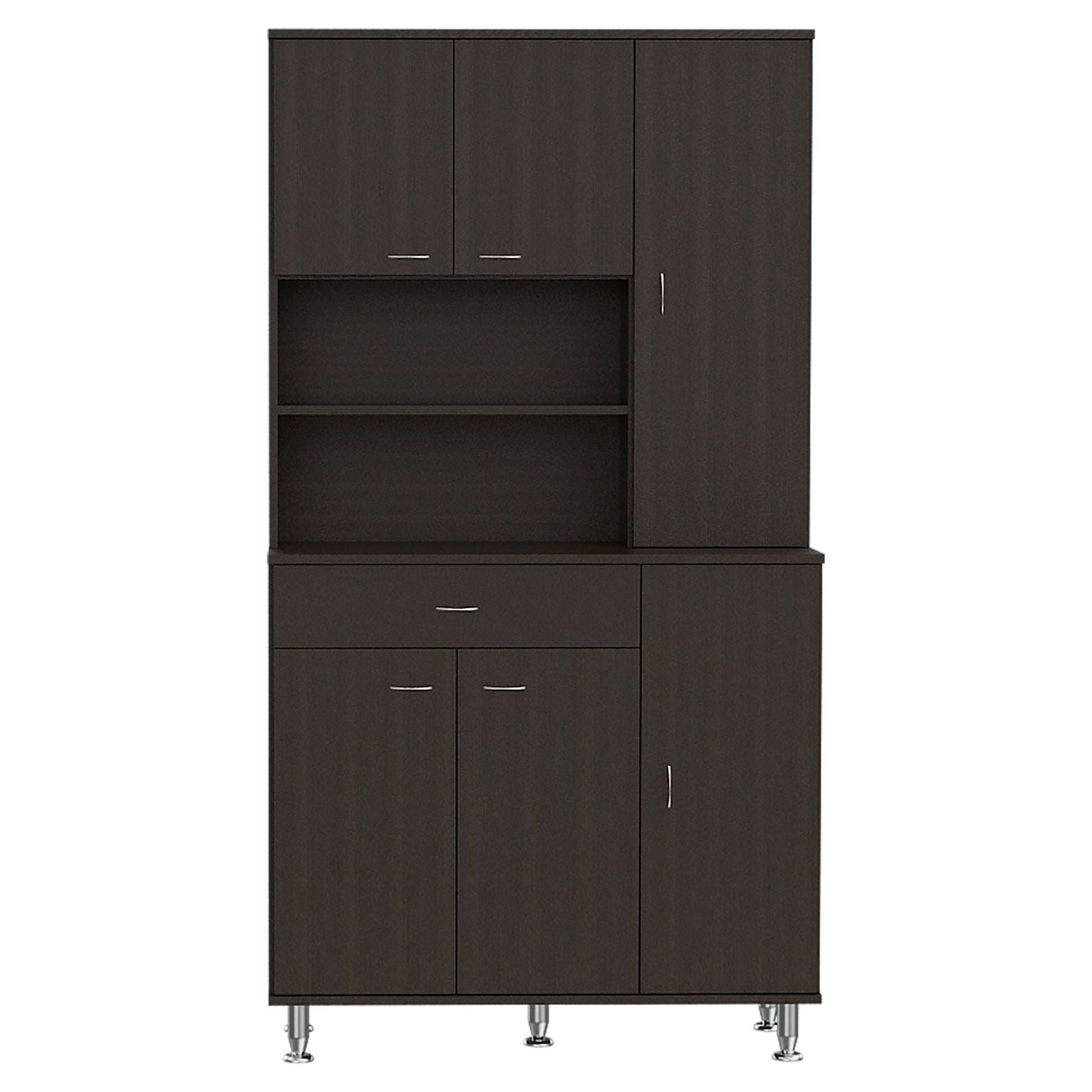 Kitchen Pantry Cabinet, Two Open Shelves, One Drawer, Multiple Cabinets, Black Black Solid Wood Mdf Engineered Wood