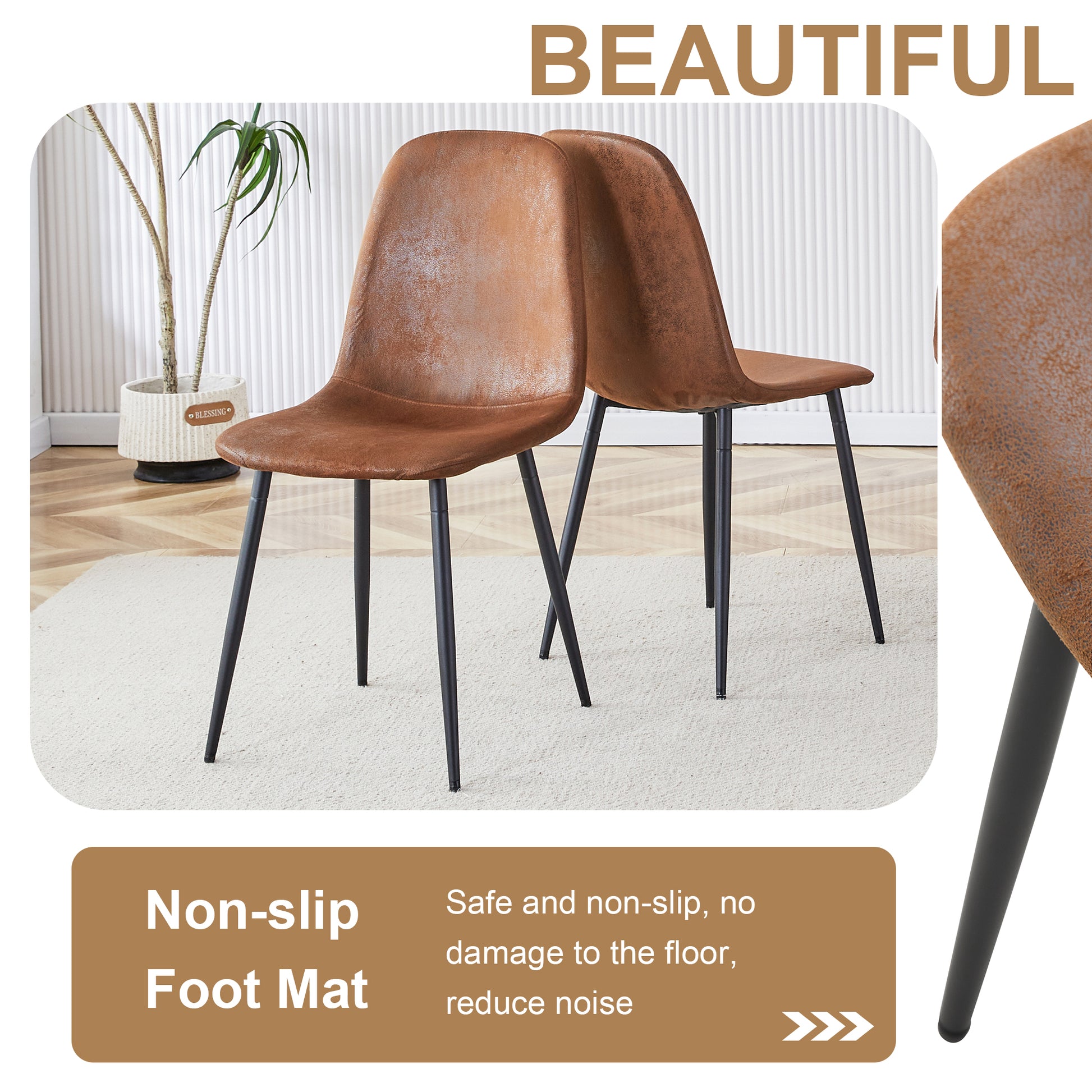 Table And Chair Set.67"X36" Wood Textured Mdf Dining Table Set With 4 Brown Suede Chairs.Mdf Sticker,Wood Colored Texture Sticker,Brown Armless Dining Chair,Suitable For Kitchen,Dining Room,Etc.