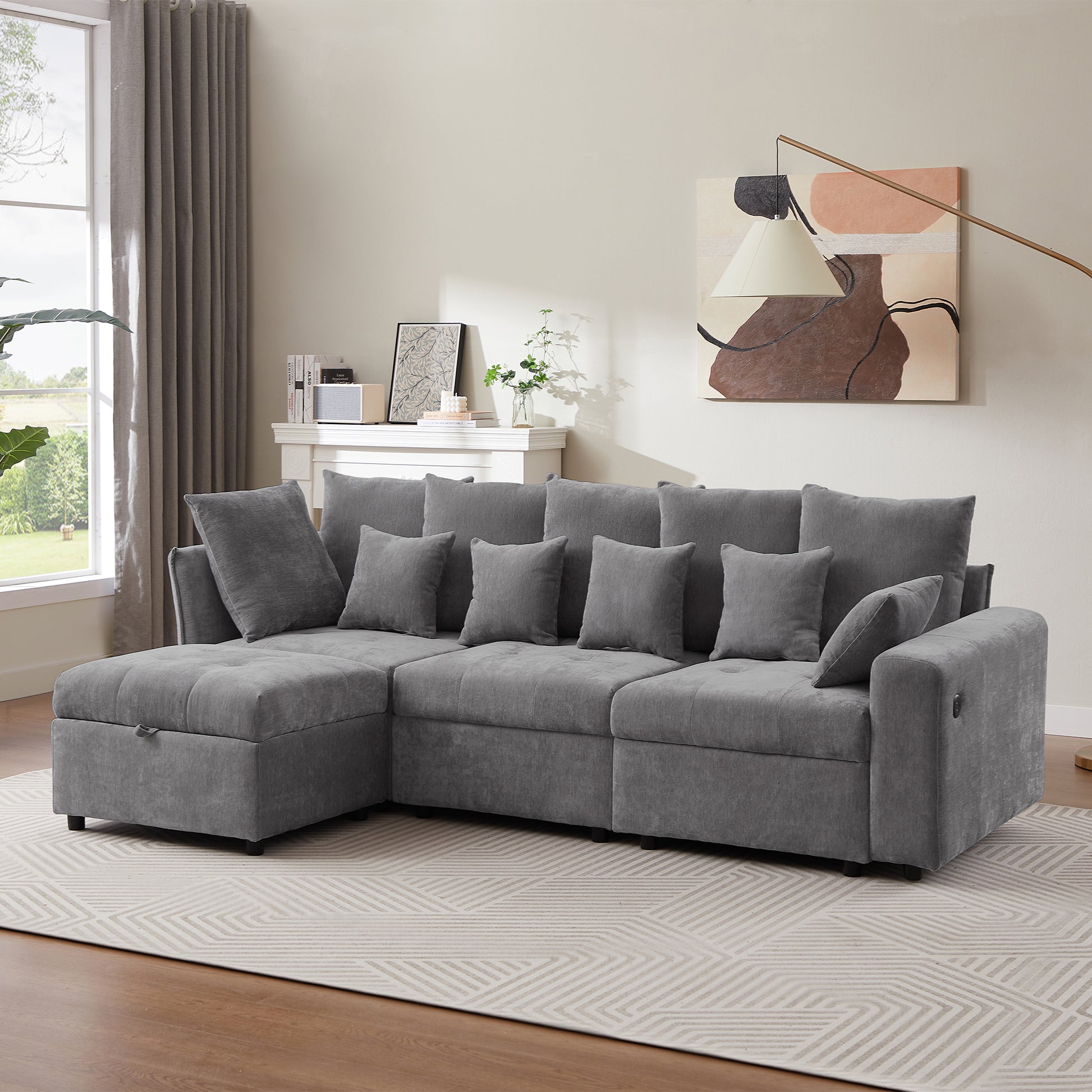 96.45"Sectional Sofa Modular Sofa Couch With Three Usb Ports, A Removable Storage Ottoman And Five Back Pillows For Living Room, Grey Grey Foam Chenille 4 Seat