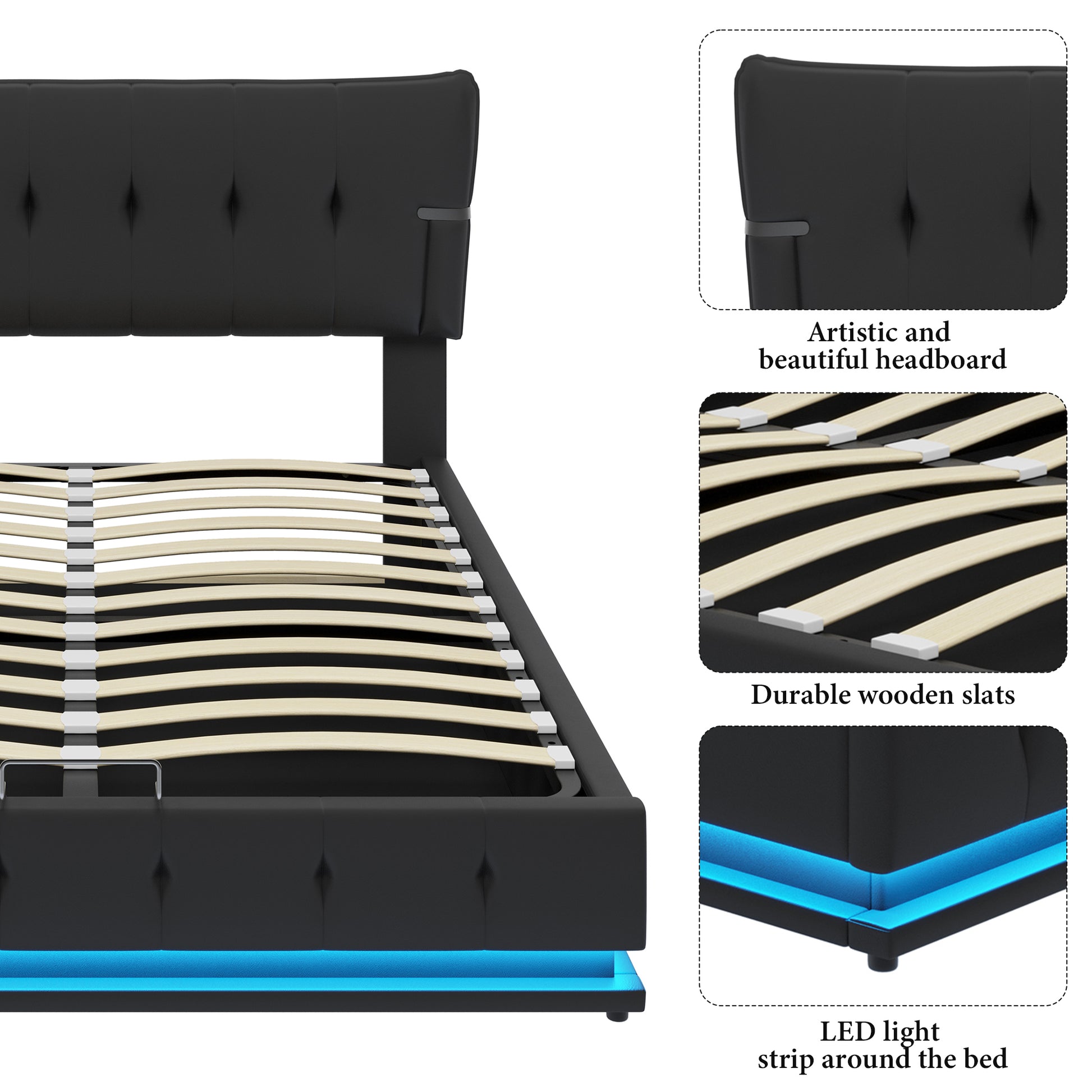 Upholstered Platform Full Size Hydraulic Storage Bed, Lift Up Storage Bed With Rgb Led Light, Pu Leather Headboard And Footboard, No Box Spring Needed, Black Full Black Wood Metal