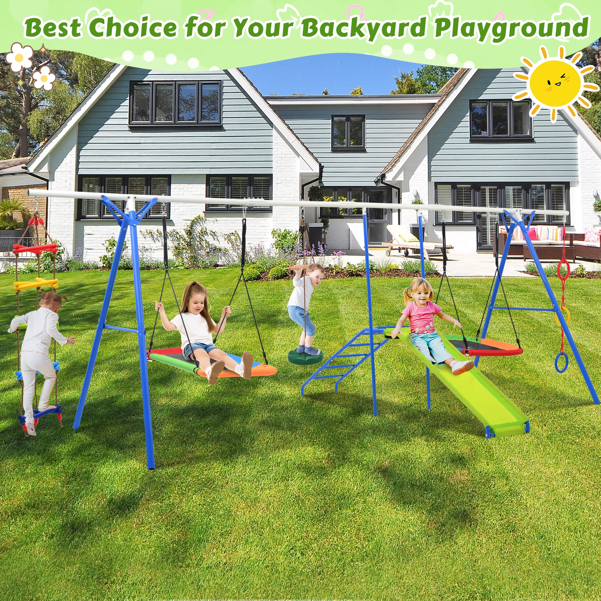 6 In 1 Swing Set For Kids, Toddle Outdoor Swing And Slide Set, Backyard Playground Playsets With Climbing Rope Ladder, Disc Swing, Monkey Bar Swing, Slide And Climbing, Saucer Swing, Swing Ring Blue