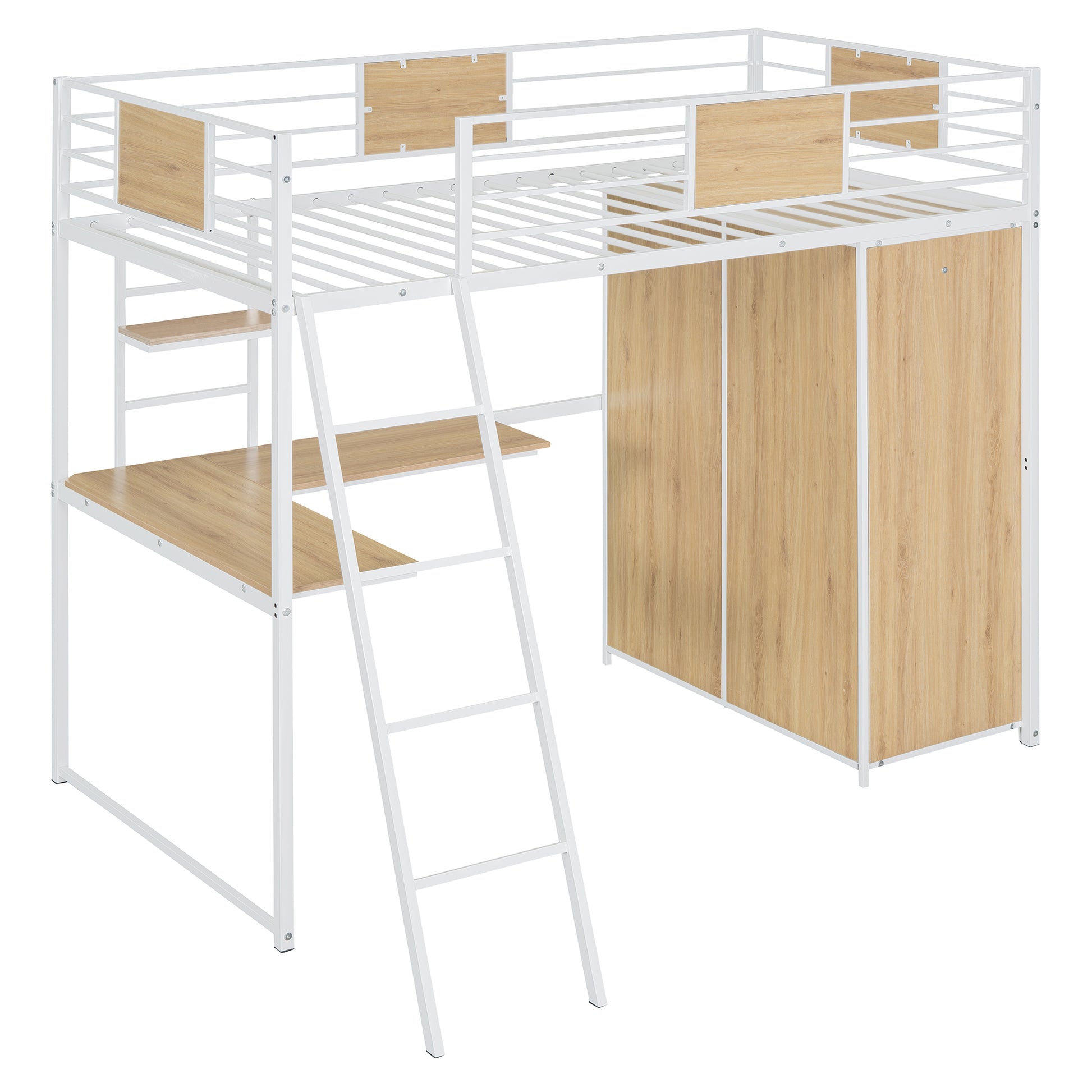 Twin Size Loft Bed With L Shape Desk And Wardrobe, White Twin White Metal & Wood