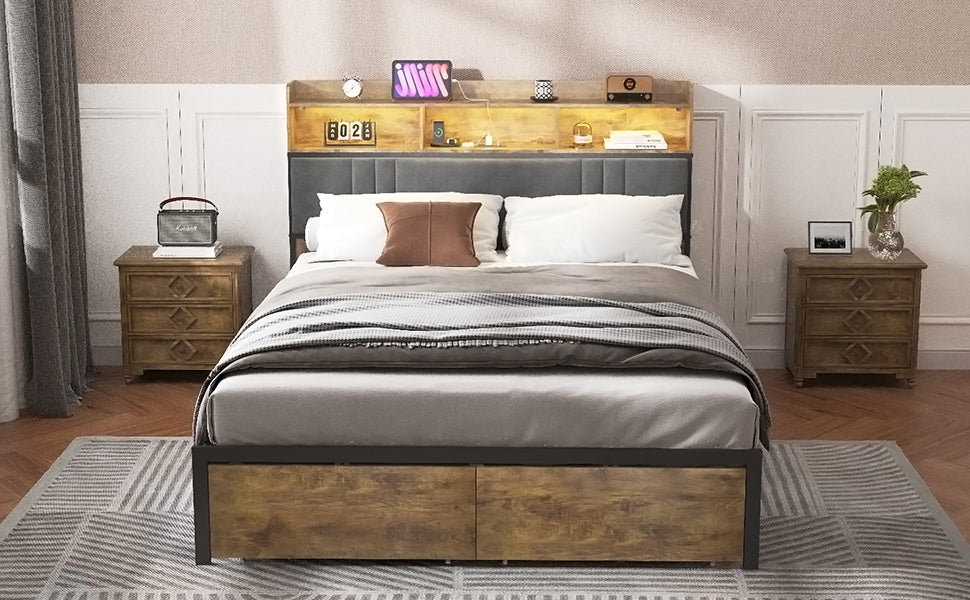 Bed Frame Queen Size With Storage Headboard And 2 Drawers, Upholstered Platform Bed With Charging Station And Led Light, Heavy Duty Frame Support, No Box Spring Needed, Noise Free, Dark Brown Box