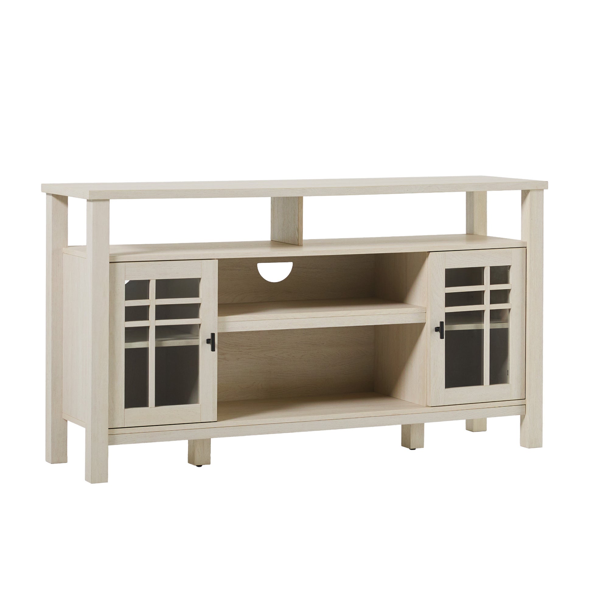 Transitional 58" 2 Door Sideboard With Windowpane Design, Ivory Oak Ivory Mdf Mdf