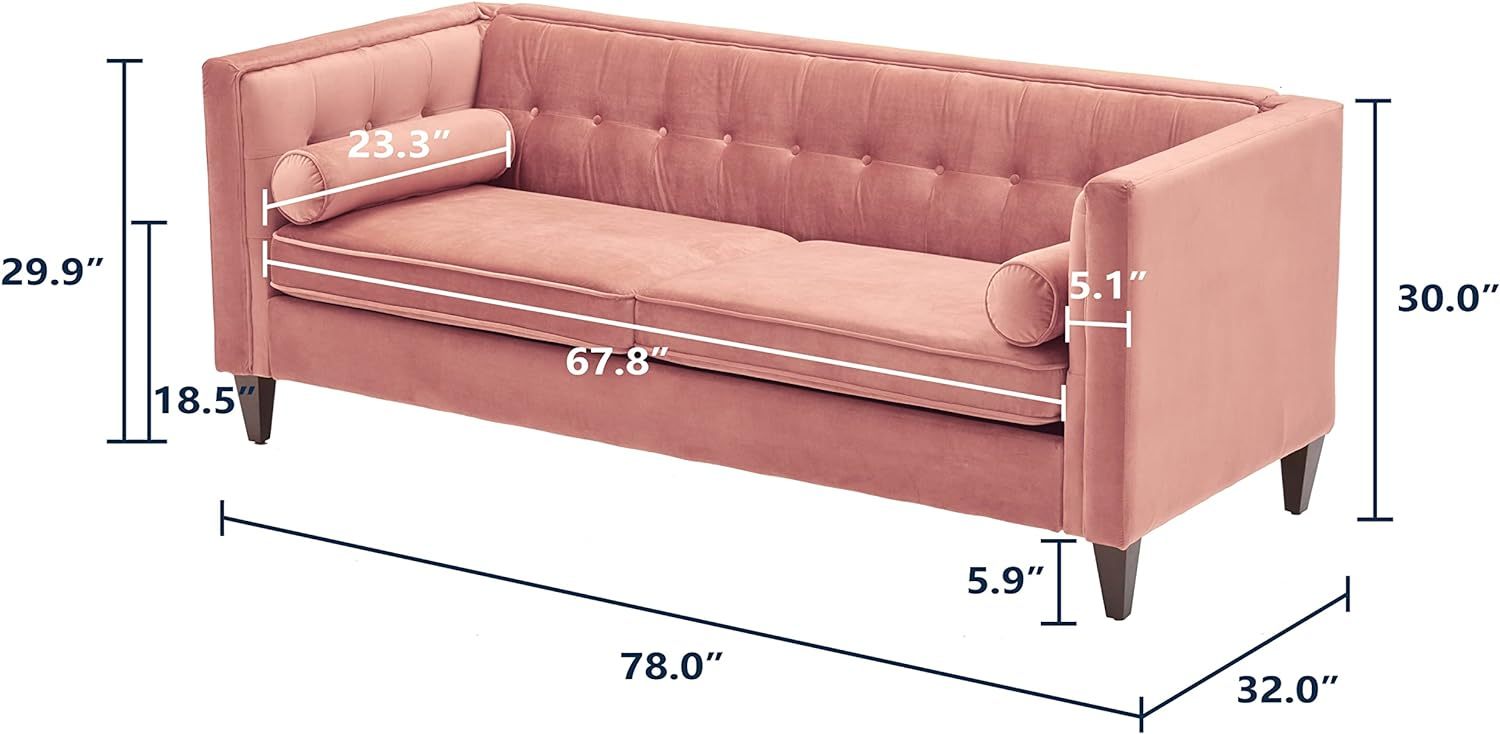 Dreamsir 78'' W Velvet Sofa, Mid Century Beautiful Seats Sofa Furniture With Bolster Pillows, Button Tufted Couch For Living Room, Tool Free Assembly Sofa, Pink Light Brown Wood Primary Living Space Heavy Duty Acacia 3 Seat Pink Velvet Soft Cushion Back