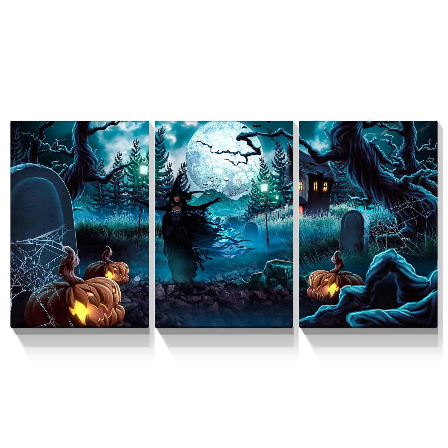 3 Pcs Halloween Wall Decor Wall Art With Lights Halloween Decorations With Spooky Pumpkins For Party Living Room Decorative Wall Art 1218Inch Thickness 1.5Inch Multicolor Halloween Renaissance Modern Canvas