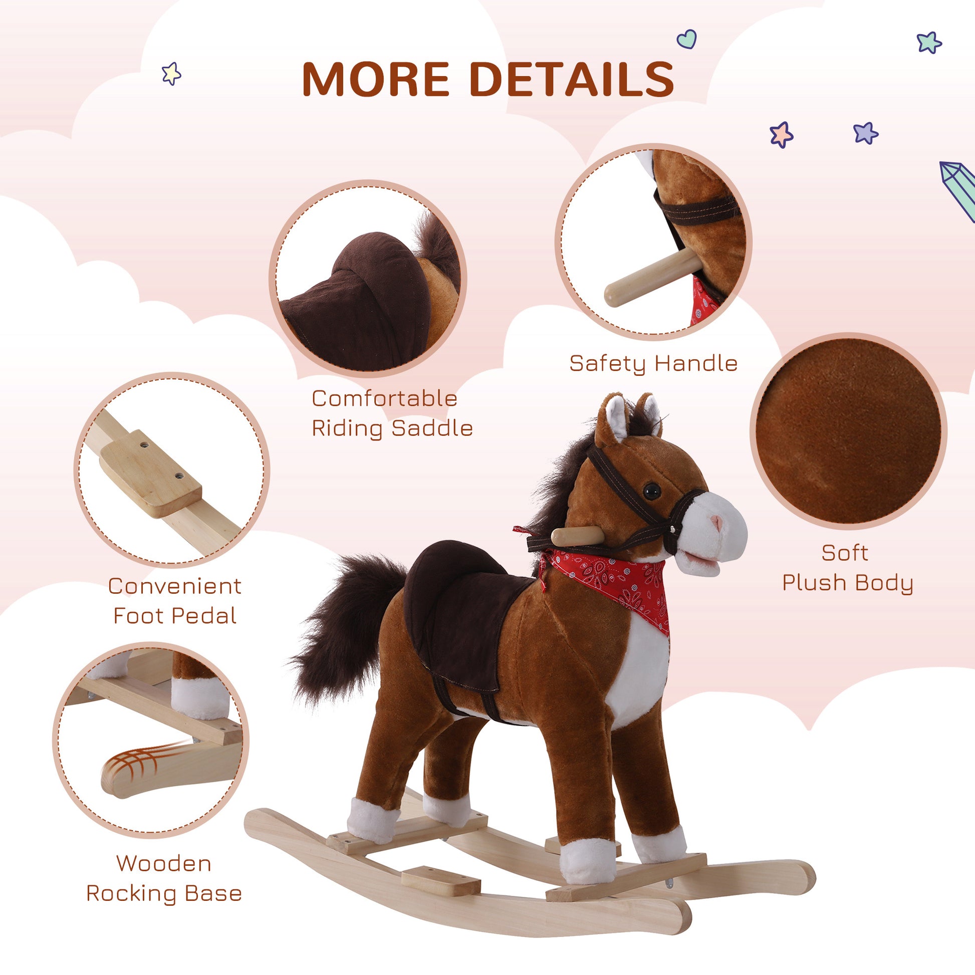 Qaba Kids Ride On Rocking Horse Plush Toy With Realistic Sounds And Red Scarf For Over 3 Years Old Birth Gift Brown Plush