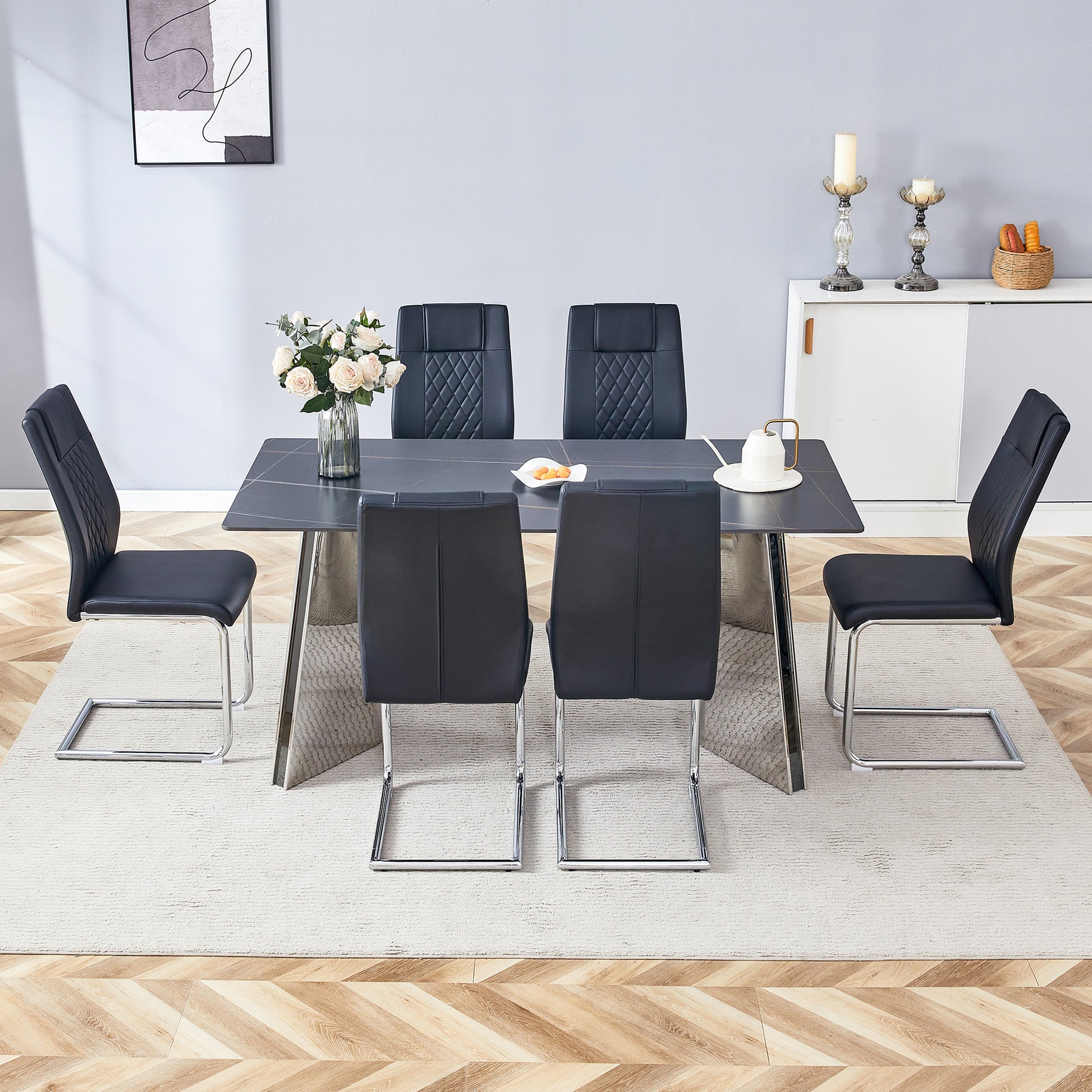 Table And Chair Set.63"X31.5X30" Black Marble Patterned Slabs Tabletop With Stainless Steel Butterfly Legs.Paried With 6 Black High Quality Pu Chairs With Silver Metal Legs. Black,Silver Seats 6